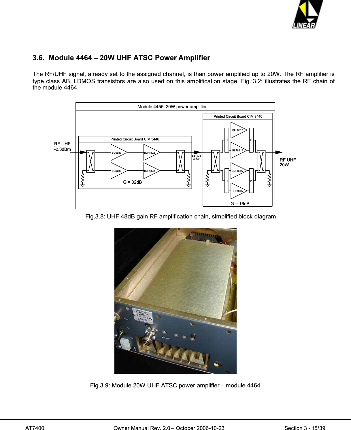 AT7400 Owner Manual Rev. 2.0 – October 2006-10-23 Section 3 - 15/393.6. Module 4464 – 20W UHF ATSC Power AmplifierThe RF/UHF signal, already set to the assigned channel, is than power amplified up to 20W. The RF amplifier istype class AB. LDMOS transistors are also used on this amplification stage. Fig.:3.2; illustrates the RF chain ofthe module 4464.RF UHF-2.3dBmPrinted Circuit Board CIM 3446SG9289 BLF1822BLF1822SG9289G = 16dBG = 32dBPrinted Circuit Board CIM 3440HH HHRF UHF20WRF UHF0.5WModule 4455: 20W power amplifierBLF861ABLF861ABLF861ABLF861AFig.3.8: UHF 48dB gain RF amplification chain, simplified block diagramFig.3.9: Module 20W UHF ATSC power amplifier – module 4464