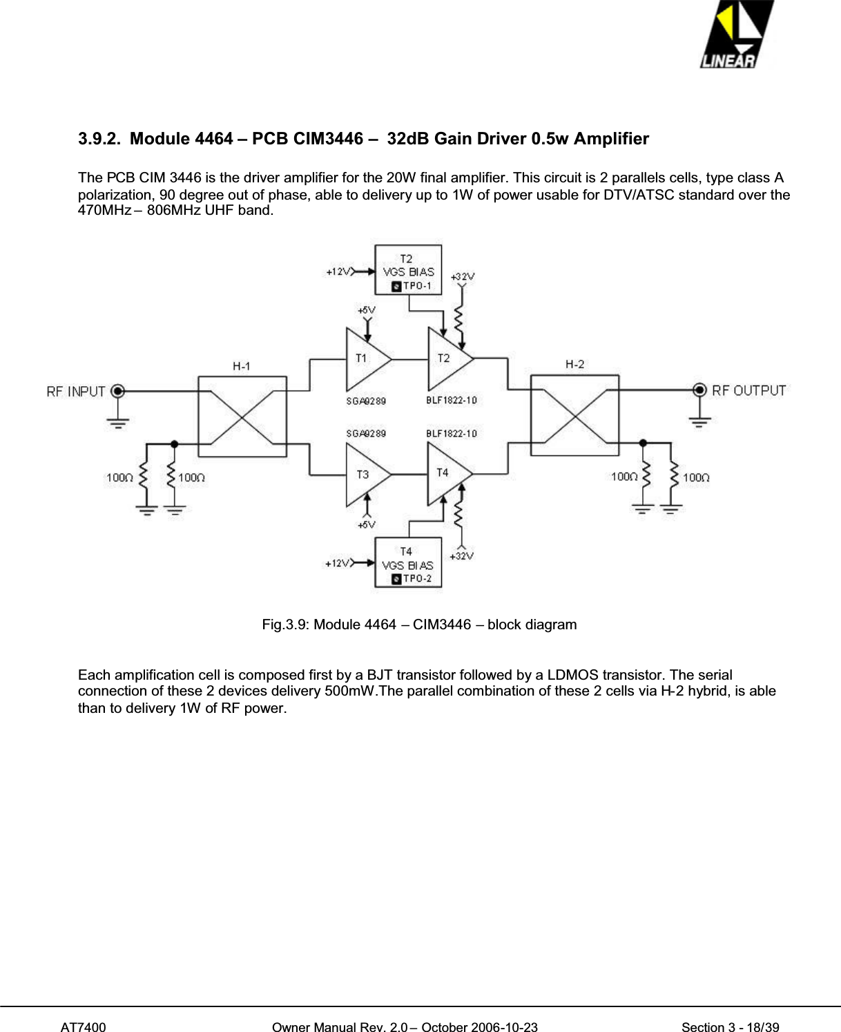 AT7400 Owner Manual Rev. 2.0 – October 2006-10-23 Section 3 - 18/393.9.2. Module 4464 – PCB CIM3446 – 32dB Gain Driver 0.5w AmplifierThe PCB CIM 3446 is the driver amplifier for the 20W final amplifier. This circuit is 2 parallels cells, type class Apolarization, 90 degree out of phase, able to delivery up to 1W of power usable for DTV/ATSC standard over the470MHz – 806MHz UHF band.Fig.3.9: Module 4464 – CIM3446 – block diagramEach amplification cell is composed first by a BJT transistor followed by a LDMOS transistor. The serialconnection of these 2 devices delivery 500mW.The parallel combination of these 2 cells via H-2 hybrid, is ablethan to delivery 1W of RF power.