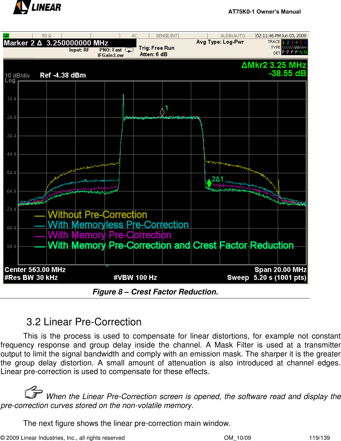     AT75K0-1 Owner’s Manual  © 2009 Linear Industries, Inc., all rights reserved                                                              OM_10/09                                    119/139    Figure 8 – Crest Factor Reduction.   3.2 Linear Pre-Correction   This  is the  process  is used  to compensate for  linear distortions,  for example  not  constant frequency  response  and  group  delay  inside  the  channel.  A  Mask  Filter  is  used  at  a  transmitter output to limit the signal bandwidth and comply with an emission mask. The sharper it is the greater the  group  delay  distortion.  A  small  amount  of  attenuation  is  also  introduced  at  channel  edges. Linear pre-correction is used to compensate for these effects.       When the Linear Pre-Correction screen is opened, the software read and display the pre-correction curves stored on the non-volatile memory.    The next figure shows the linear pre-correction main window. 