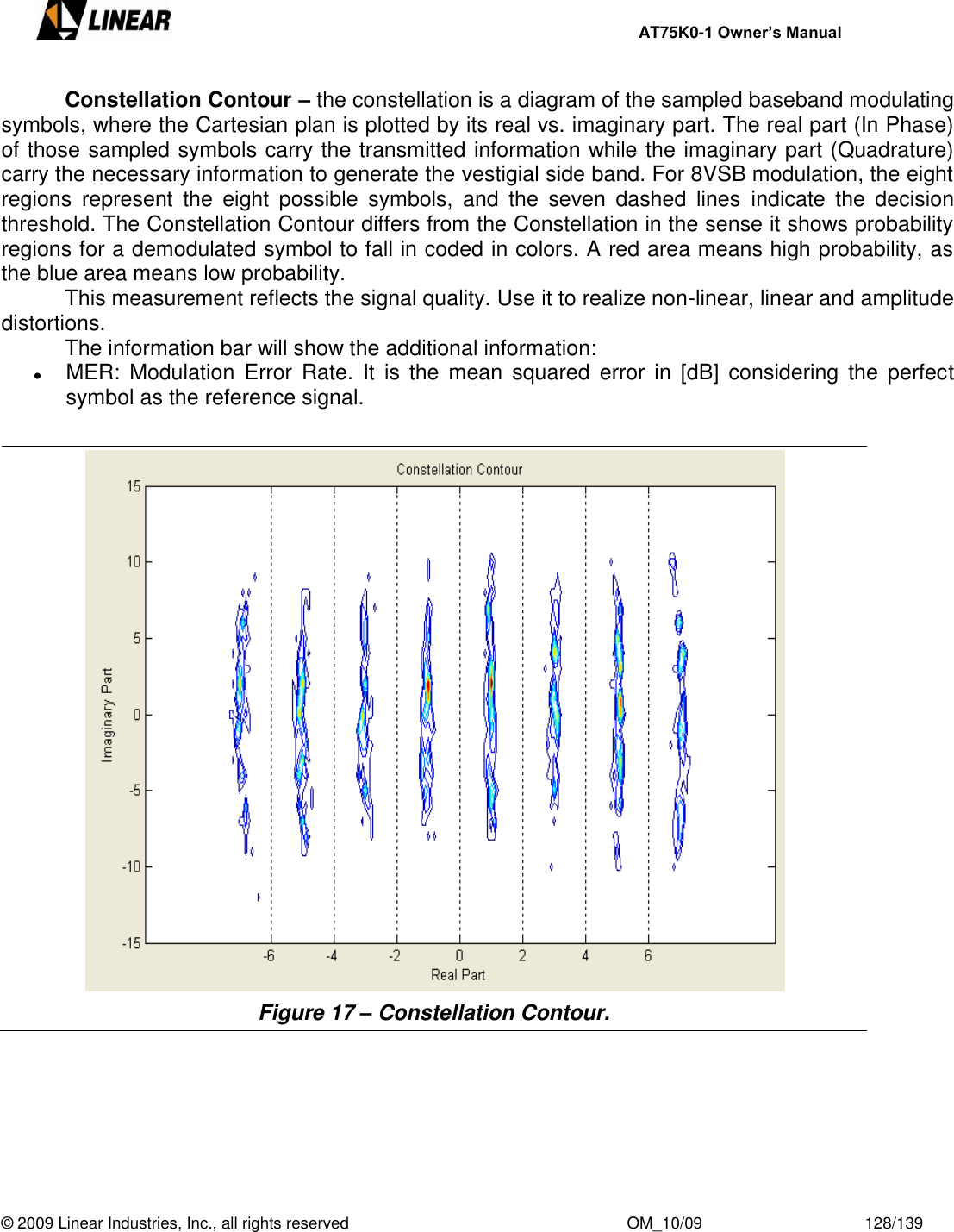     AT75K0-1 Owner’s Manual  © 2009 Linear Industries, Inc., all rights reserved                                                              OM_10/09                                    128/139     Constellation Contour – the constellation is a diagram of the sampled baseband modulating symbols, where the Cartesian plan is plotted by its real vs. imaginary part. The real part (In Phase) of those sampled symbols carry the transmitted information while the imaginary part (Quadrature) carry the necessary information to generate the vestigial side band. For 8VSB modulation, the eight regions  represent  the  eight  possible  symbols,  and  the  seven  dashed  lines  indicate  the  decision threshold. The Constellation Contour differs from the Constellation in the sense it shows probability regions for a demodulated symbol to fall in coded in colors. A red area means high probability, as the blue area means low probability.   This measurement reflects the signal quality. Use it to realize non-linear, linear and amplitude distortions.   The information bar will show the additional information:  MER:  Modulation  Error  Rate.  It  is  the  mean  squared  error  in  [dB]  considering the  perfect symbol as the reference signal.   Figure 17 – Constellation Contour.       