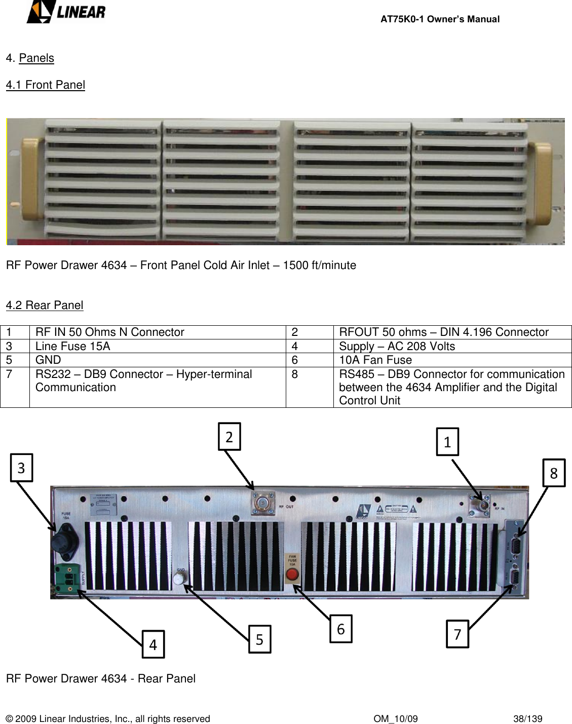     AT75K0-1 Owner’s Manual  © 2009 Linear Industries, Inc., all rights reserved                                                              OM_10/09                                    38/139   4. Panels  4.1 Front Panel     RF Power Drawer 4634 – Front Panel Cold Air Inlet – 1500 ft/minute   4.2 Rear Panel  1 RF IN 50 Ohms N Connector 2 RFOUT 50 ohms – DIN 4.196 Connector 3 Line Fuse 15A 4 Supply – AC 208 Volts 5 GND 6 10A Fan Fuse 7 RS232 – DB9 Connector – Hyper-terminal Communication 8 RS485 – DB9 Connector for communication between the 4634 Amplifier and the Digital Control Unit    RF Power Drawer 4634 - Rear Panel