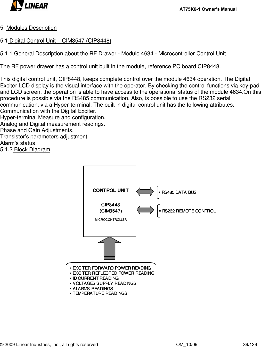     AT75K0-1 Owner’s Manual  © 2009 Linear Industries, Inc., all rights reserved                                                              OM_10/09                                    39/139   5. Modules Description  5.1 Digital Control Unit – CIM3547 (CIP8448)  5.1.1 General Description about the RF Drawer - Module 4634 - Microcontroller Control Unit.  The RF power drawer has a control unit built in the module, reference PC board CIP8448.  This digital control unit, CIP8448, keeps complete control over the module 4634 operation. The Digital Exciter LCD display is the visual interface with the operator. By checking the control functions via key-pad and LCD screen, the operation is able to have access to the operational status of the module 4634.On this procedure is possible via the RS485 communication. Also, is possible to use the RS232 serial communication, via a Hyper-terminal. The built in digital control unit has the following attributes: Communication with the Digital Exciter. Hyper-terminal Measure and configuration. Analog and Digital measurement readings. Phase and Gain Adjustments. Transistor‟s parameters adjustment. Alarm‟s status  5.1.2 Block Diagram CONTROL UNITCIP8448 (CIM3547)MICROCONTROLLER•EXCITER FORWARD POWER READING•EXCITER REFLECTED POWER READING•ID CURRENT READING•VOLTAGES SUPPLY READINGS•ALARMS READINGS•TEMPERATURE READINGSRS232 REMOTE CONTROLRS485 DATA BUSCONTROL UNITCIP8448 (CIM3547)MICROCONTROLLER•EXCITER FORWARD POWER READING•EXCITER REFLECTED POWER READING•ID CURRENT READING•VOLTAGES SUPPLY READINGS•ALARMS READINGS•TEMPERATURE READINGSRS232 REMOTE CONTROLRS485 DATA BUS