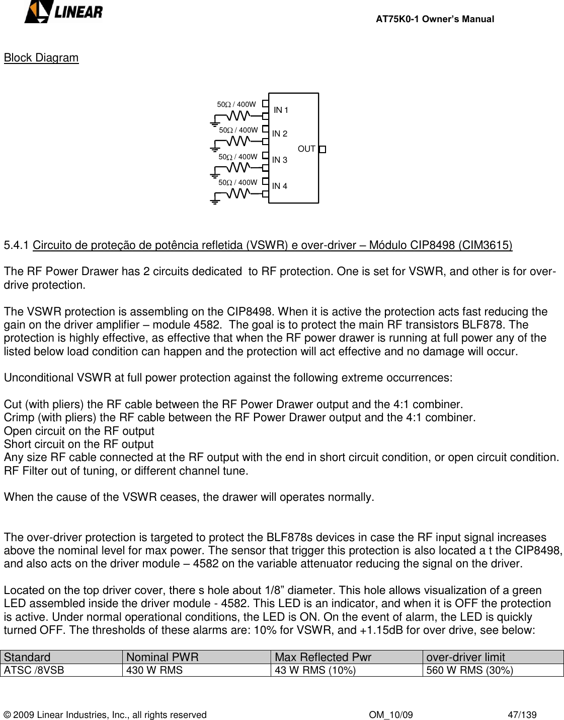     AT75K0-1 Owner’s Manual  © 2009 Linear Industries, Inc., all rights reserved                                                              OM_10/09                                    47/139   Block Diagram              5.4.1 Circuito de proteção de potência refletida (VSWR) e over-driver – Módulo CIP8498 (CIM3615)  The RF Power Drawer has 2 circuits dedicated  to RF protection. One is set for VSWR, and other is for over-drive protection.  The VSWR protection is assembling on the CIP8498. When it is active the protection acts fast reducing the gain on the driver amplifier – module 4582.  The goal is to protect the main RF transistors BLF878. The protection is highly effective, as effective that when the RF power drawer is running at full power any of the listed below load condition can happen and the protection will act effective and no damage will occur.  Unconditional VSWR at full power protection against the following extreme occurrences:  Cut (with pliers) the RF cable between the RF Power Drawer output and the 4:1 combiner. Crimp (with pliers) the RF cable between the RF Power Drawer output and the 4:1 combiner. Open circuit on the RF output Short circuit on the RF output Any size RF cable connected at the RF output with the end in short circuit condition, or open circuit condition. RF Filter out of tuning, or different channel tune.  When the cause of the VSWR ceases, the drawer will operates normally.    The over-driver protection is targeted to protect the BLF878s devices in case the RF input signal increases above the nominal level for max power. The sensor that trigger this protection is also located a t the CIP8498, and also acts on the driver module – 4582 on the variable attenuator reducing the signal on the driver.  Located on the top driver cover, there s hole about 1/8” diameter. This hole allows visualization of a green LED assembled inside the driver module - 4582. This LED is an indicator, and when it is OFF the protection is active. Under normal operational conditions, the LED is ON. On the event of alarm, the LED is quickly turned OFF. The thresholds of these alarms are: 10% for VSWR, and +1.15dB for over drive, see below:   Standard Nominal PWR  Max Reflected Pwr over-driver limit ATSC /8VSB 430 W RMS 43 W RMS (10%) 560 W RMS (30%)  OUT   IN 1    IN 2    IN 3    IN 4    50  / 400W 50  / 400W 50  / 400W 50  / 400W 