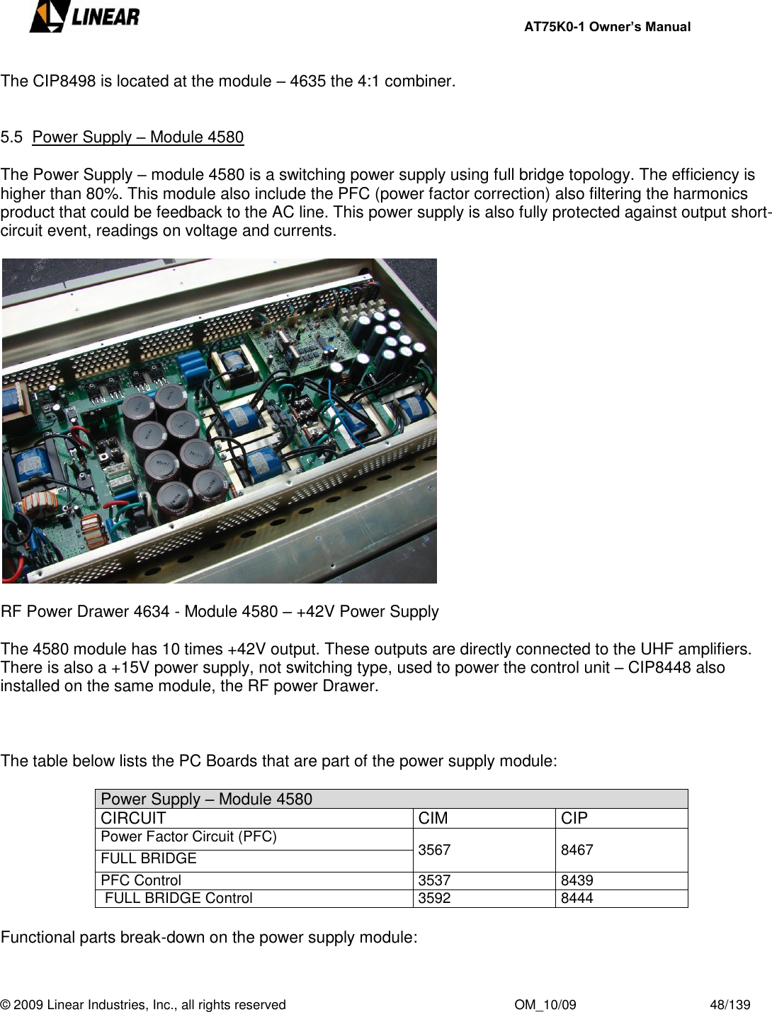     AT75K0-1 Owner’s Manual  © 2009 Linear Industries, Inc., all rights reserved                                                              OM_10/09                                    48/139   The CIP8498 is located at the module – 4635 the 4:1 combiner.   5.5  Power Supply – Module 4580  The Power Supply – module 4580 is a switching power supply using full bridge topology. The efficiency is higher than 80%. This module also include the PFC (power factor correction) also filtering the harmonics product that could be feedback to the AC line. This power supply is also fully protected against output short-circuit event, readings on voltage and currents.    RF Power Drawer 4634 - Module 4580 – +42V Power Supply  The 4580 module has 10 times +42V output. These outputs are directly connected to the UHF amplifiers. There is also a +15V power supply, not switching type, used to power the control unit – CIP8448 also installed on the same module, the RF power Drawer.     The table below lists the PC Boards that are part of the power supply module:  Power Supply – Module 4580 CIRCUIT CIM CIP Power Factor Circuit (PFC) 3567 8467 FULL BRIDGE PFC Control 3537 8439  FULL BRIDGE Control 3592 8444  Functional parts break-down on the power supply module:  