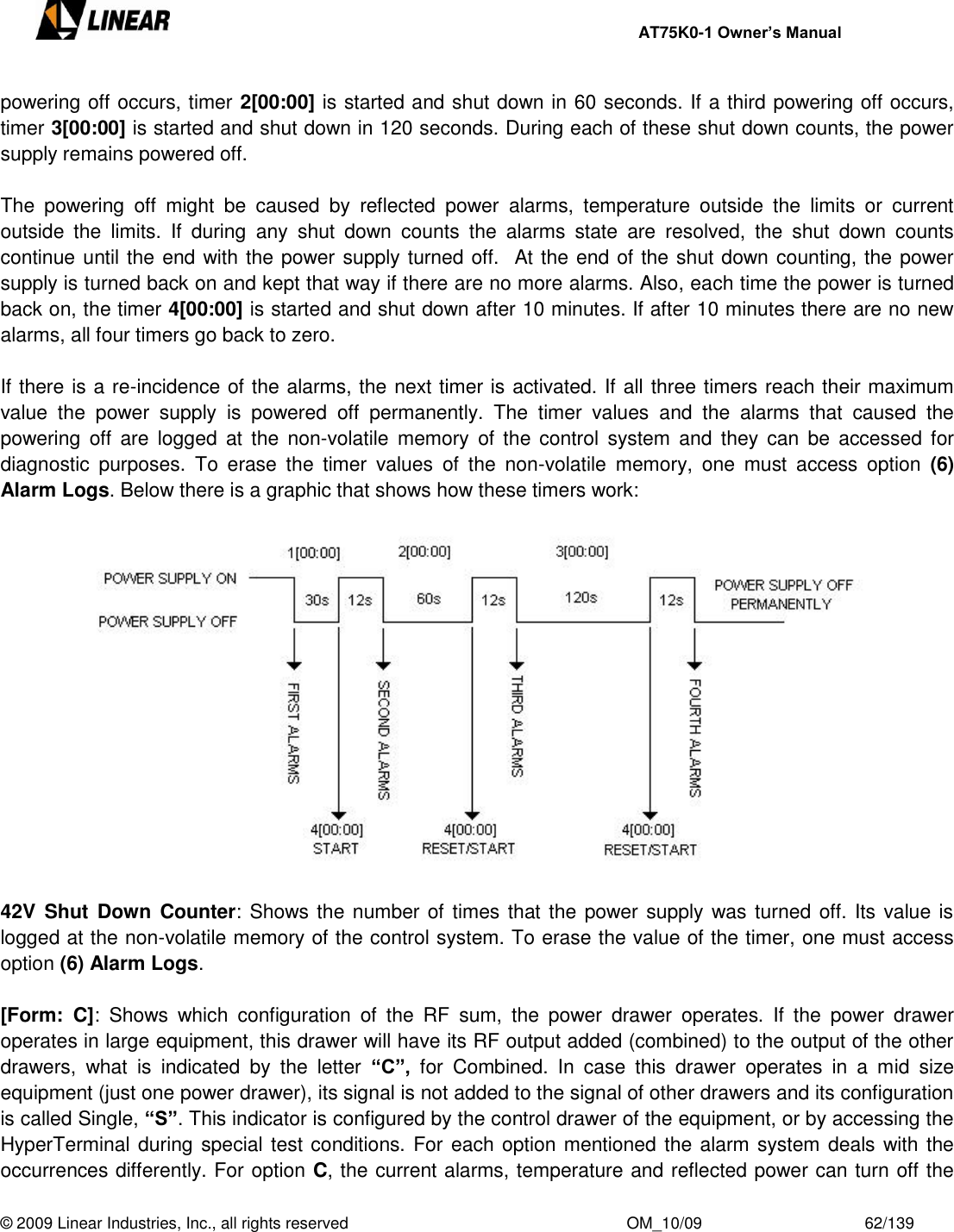     AT75K0-1 Owner’s Manual  © 2009 Linear Industries, Inc., all rights reserved                                                              OM_10/09                                    62/139   powering off occurs, timer 2[00:00] is started and shut down in 60 seconds. If a third powering off occurs, timer 3[00:00] is started and shut down in 120 seconds. During each of these shut down counts, the power supply remains powered off.   The  powering  off  might  be  caused  by  reflected  power  alarms,  temperature  outside  the  limits  or  current outside  the  limits.  If  during  any  shut  down  counts  the  alarms  state  are  resolved,  the  shut  down  counts continue until the end with the power supply turned off.  At the end of the shut down counting, the power supply is turned back on and kept that way if there are no more alarms. Also, each time the power is turned back on, the timer 4[00:00] is started and shut down after 10 minutes. If after 10 minutes there are no new alarms, all four timers go back to zero.   If there is a re-incidence of the alarms, the next timer is activated. If all three timers reach their maximum value  the  power  supply  is  powered  off  permanently.  The  timer  values  and  the  alarms  that  caused  the powering  off  are  logged  at  the  non-volatile  memory  of  the  control  system  and  they  can  be  accessed  for diagnostic  purposes.  To  erase  the  timer  values  of  the  non-volatile  memory,  one  must  access  option  (6) Alarm Logs. Below there is a graphic that shows how these timers work:    42V  Shut Down  Counter: Shows the number of times that the power supply was turned off. Its value is logged at the non-volatile memory of the control system. To erase the value of the timer, one must access option (6) Alarm Logs.  [Form:  C]:  Shows  which  configuration  of  the  RF  sum,  the  power  drawer  operates.  If  the  power  drawer operates in large equipment, this drawer will have its RF output added (combined) to the output of the other drawers,  what  is  indicated  by  the  letter  “C”,  for  Combined.  In  case  this  drawer  operates  in  a  mid  size equipment (just one power drawer), its signal is not added to the signal of other drawers and its configuration is called Single, “S”. This indicator is configured by the control drawer of the equipment, or by accessing the HyperTerminal during special test conditions. For each option mentioned the alarm system deals with the occurrences differently. For option C, the current alarms, temperature and reflected power can turn off the 