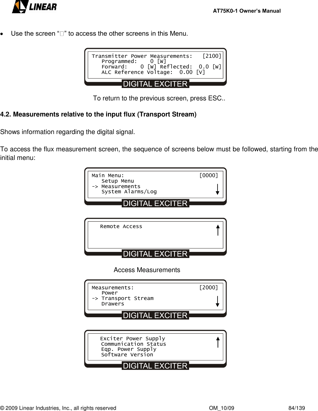     AT75K0-1 Owner’s Manual  © 2009 Linear Industries, Inc., all rights reserved                                                              OM_10/09                                    84/139    Use the screen “ ” to access the other screens in this Menu.         To return to the previous screen, press ESC..  4.2. Measurements relative to the input flux (Transport Stream)  Shows information regarding the digital signal.  To access the flux measurement screen, the sequence of screens below must be followed, starting from the initial menu:                  Access Measurements               Transmitter Power Measurements:   [2100]    Programmed:    0 [W]     Forward:    0 [W] Reflected:  0.0 [W]    ALC Reference Voltage:  0.00 [V] Main Menu:                       [0000]    Setup Menu -&gt; Measurements    System Alarms/Log    Remote Access Measurements:                    [2000]    Power -&gt; Transport Stream    Drawers    Exciter Power Supply    Communication Status    Eqp. Power Supply    Software Version 