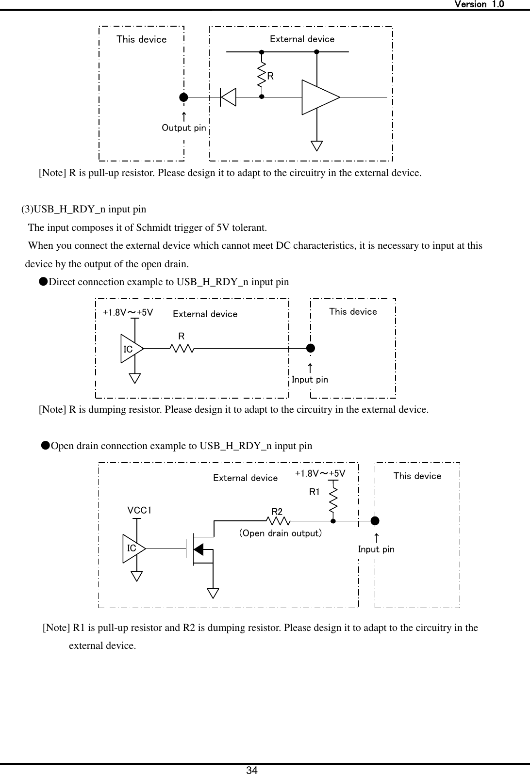   Version  1.0 34   [Note] R is pull-up resistor. Please design it to adapt to the circuitry in the external device.  (3)USB_H_RDY_n input pin The input composes it of Schmidt trigger of 5V tolerant. When you connect the external device which cannot meet DC characteristics, it is necessary to input at this device by the output of the open drain. ●Direct connection example to USB_H_RDY_n input pin  [Note] R is dumping resistor. Please design it to adapt to the circuitry in the external device.  ●Open drain connection example to USB_H_RDY_n input pin    [Note] R1 is pull-up resistor and R2 is dumping resistor. Please design it to adapt to the circuitry in the external device.  This device  R  &uarr; Output pin     External device   +1.8V～+5V R This device  &uarr; Input pin  IC  External device   +1.8V～+5V R1   R2    This device &uarr; Input pin  (Open drain output)  External device   IC VCC1  