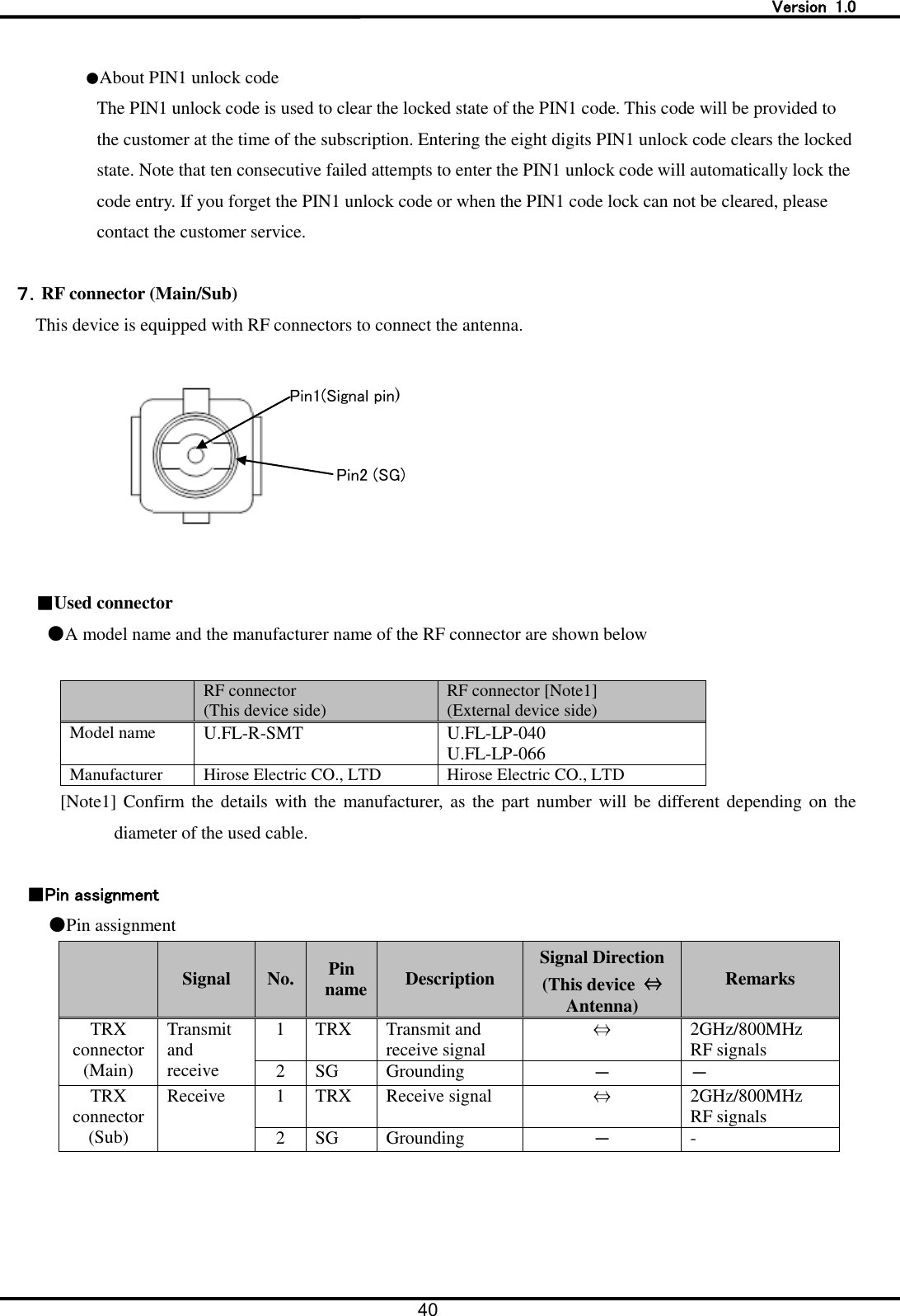   Version  1.0 40   ●About PIN1 unlock code The PIN1 unlock code is used to clear the locked state of the PIN1 code. This code will be provided to the customer at the time of the subscription. Entering the eight digits PIN1 unlock code clears the locked state. Note that ten consecutive failed attempts to enter the PIN1 unlock code will automatically lock the code entry. If you forget the PIN1 unlock code or when the PIN1 code lock can not be cleared, please contact the customer service.  ７．RF connector (Main/Sub) This device is equipped with RF connectors to connect the antenna.      ■Used connector  ●A model name and the manufacturer name of the RF connector are shown below     RF connector (This device side) RF connector [Note1] (External device side) Model name U.FL-R-SMT U.FL-LP-040 U.FL-LP-066 Manufacturer Hirose Electric CO., LTD Hirose Electric CO., LTD   [Note1] Confirm the details with  the manufacturer,  as the  part number will be  different depending  on  the diameter of the used cable.       ■Pin assignment ●Pin assignment  Signal No. Pin   name Description Signal Direction (This device  &hArr; Antenna) Remarks TRX connector (Main) Transmit and receive 1 TRX Transmit and receive signal &hArr; 2GHz/800MHz RF signals 2 SG Grounding － － TRX connector (Sub) Receive 1 TRX Receive signal &hArr; 2GHz/800MHz RF signals 2 SG Grounding － -  Pin1(Signal pin) Pin2 (SG) 
