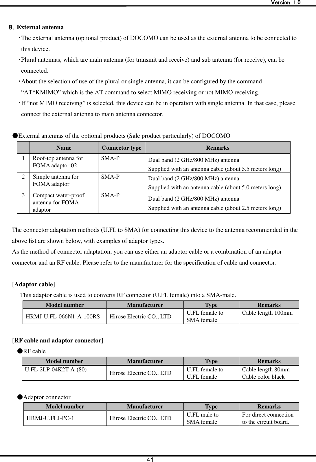   Version  1.0 41   ８．External antenna ・The external antenna (optional product) of DOCOMO can be used as the external antenna to be connected to this device. ・Plural antennas, which are main antenna (for transmit and receive) and sub antenna (for receive), can be connected. ・About the selection of use of the plural or single antenna, it can be configured by the command &ldquo;AT*KMIMO&rdquo; which is the AT command to select MIMO receiving or not MIMO receiving.   ・If &ldquo;not MIMO receiving&rdquo; is selected, this device can be in operation with single antenna. In that case, please connect the external antenna to main antenna connector.  ●External antennas of the optional products (Sale product particularly) of DOCOMO  Name Connector type Remarks 1 Roof-top antenna for FOMA adaptor 02 SMA-P Dual band (2 GHz/800 MHz) antenna Supplied with an antenna cable (about 5.5 meters long) 2 Simple antenna for FOMA adaptor SMA-P Dual band (2 GHz/800 MHz) antenna Supplied with an antenna cable (about 5.0 meters long) 3 Compact water-proof antenna for FOMA adaptor SMA-P Dual band (2 GHz/800 MHz) antenna Supplied with an antenna cable (about 2.5 meters long)  The connector adaptation methods (U.FL to SMA) for connecting this device to the antenna recommended in the above list are shown below, with examples of adaptor types. As the method of connector adaptation, you can use either an adaptor cable or a combination of an adaptor connector and an RF cable. Please refer to the manufacturer for the specification of cable and connector.  [Adaptor cable]      This adaptor cable is used to converts RF connector (U.FL female) into a SMA-male. Model number Manufacturer Type Remarks HRMJ-U.FL-066N1-A-100RS Hirose Electric CO., LTD U.FL female to SMA female Cable length 100mm   [RF cable and adaptor connector]    ●RF cable Model number Manufacturer Type Remarks U.FL-2LP-04K2T-A-(80) Hirose Electric CO., LTD U.FL female to   U.FL female Cable length 80mm Cable color black     ●Adaptor connector Model number Manufacturer Type Remarks HRMJ-U.FLJ-PC-1 Hirose Electric CO., LTD U.FL male to   SMA female For direct connection to the circuit board.  