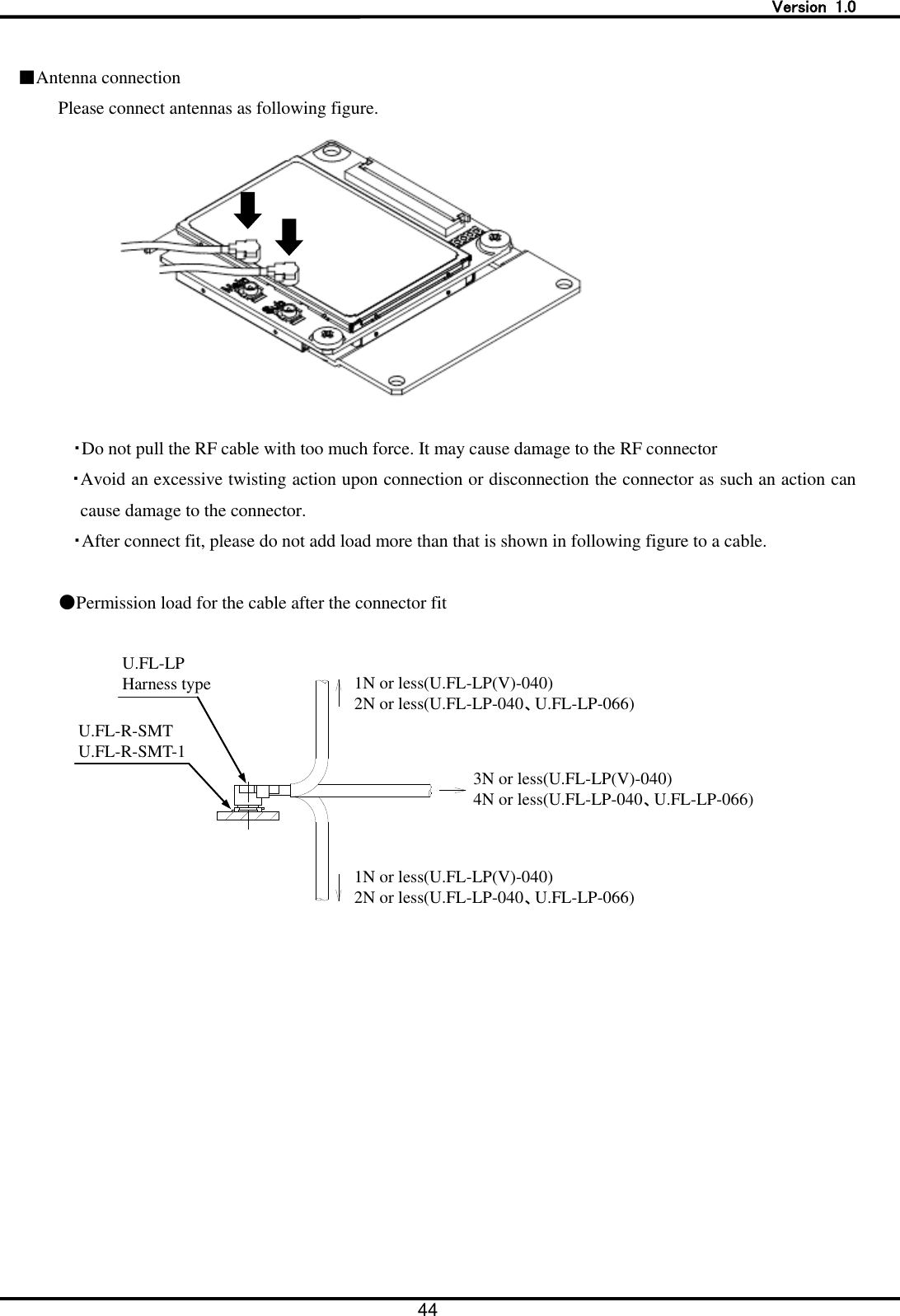   Version  1.0 44   ■Antenna connection   Please connect antennas as following figure.           ・Do not pull the RF cable with too much force. It may cause damage to the RF connector ・Avoid an excessive twisting action upon connection or disconnection the connector as such an action can cause damage to the connector. ・After connect fit, please do not add load more than that is shown in following figure to a cable.    ●Permission load for the cable after the connector fit   1N or less(U.FL-LP(V)-040) 2N or less(U.FL-LP-040、U.FL-LP-066) 1N or less(U.FL-LP(V)-040) 2N or less(U.FL-LP-040、U.FL-LP-066) 3N or less(U.FL-LP(V)-040) 4N or less(U.FL-LP-040、U.FL-LP-066) U.FL-R-SMT U.FL-R-SMT-1 U.FL-LP Harness type 