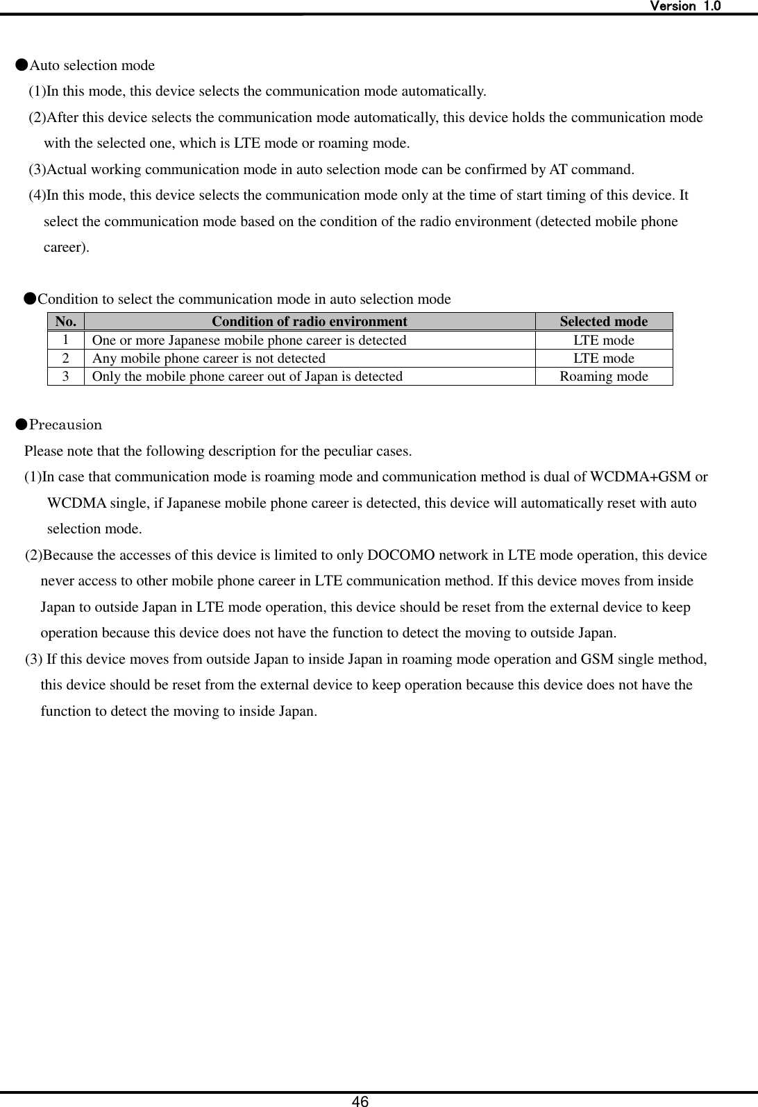   Version  1.0 46   ●Auto selection mode (1)In this mode, this device selects the communication mode automatically.   (2)After this device selects the communication mode automatically, this device holds the communication mode with the selected one, which is LTE mode or roaming mode.   (3)Actual working communication mode in auto selection mode can be confirmed by AT command. (4)In this mode, this device selects the communication mode only at the time of start timing of this device. It select the communication mode based on the condition of the radio environment (detected mobile phone career).    ●Condition to select the communication mode in auto selection mode No. Condition of radio environment Selected mode 1 One or more Japanese mobile phone career is detected LTE mode 2 Any mobile phone career is not detected LTE mode 3 Only the mobile phone career out of Japan is detected Roaming mode    ●Precausion Please note that the following description for the peculiar cases. (1)In case that communication mode is roaming mode and communication method is dual of WCDMA+GSM or WCDMA single, if Japanese mobile phone career is detected, this device will automatically reset with auto selection mode.   (2)Because the accesses of this device is limited to only DOCOMO network in LTE mode operation, this device never access to other mobile phone career in LTE communication method. If this device moves from inside Japan to outside Japan in LTE mode operation, this device should be reset from the external device to keep operation because this device does not have the function to detect the moving to outside Japan.   (3) If this device moves from outside Japan to inside Japan in roaming mode operation and GSM single method, this device should be reset from the external device to keep operation because this device does not have the function to detect the moving to inside Japan.   