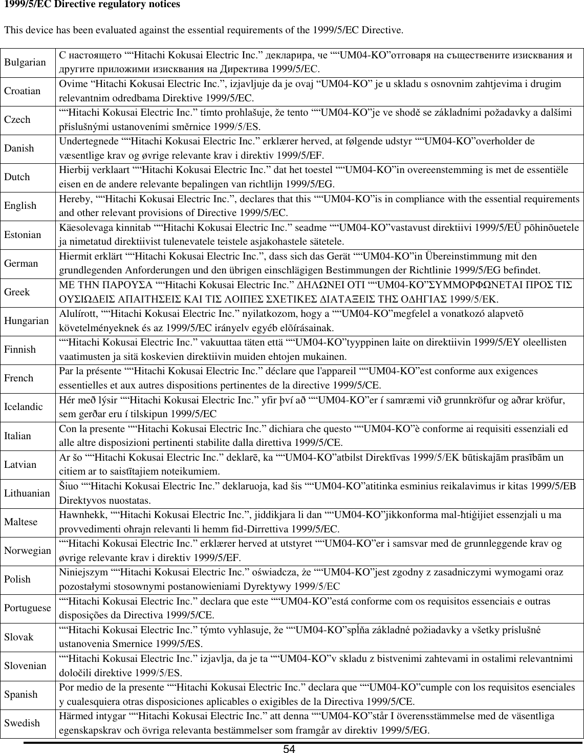 1999/5/EC Directive regulatory notices  This device has been evaluated against the essential requirements of the 1999/5/EC Directive.  Bulgarian С настоящето &ldquo;&ldquo;Hitachi Kokusai Electric Inc.&rdquo; декларира, че &ldquo;&ldquo;UM04-KO&rdquo;отговаря на съществените изисквания и другите приложими изисквания на Директива 1999/5/ЕС. Croatian Ovime &ldquo;Hitachi Kokusai Electric Inc.&rdquo;, izjavljuje da je ovaj &ldquo;UM04-KO&rdquo; je u skladu s osnovnim zahtjevima i drugim relevantnim odredbama Direktive 1999/5/EC. Czech &ldquo;&ldquo;Hitachi Kokusai Electric Inc.&rdquo; t&iacute;mto prohla&scaron;uje, že tento &ldquo;&ldquo;UM04-KO&rdquo;je ve shodě se z&aacute;kladn&iacute;mi požadavky a dal&scaron;&iacute;mi př&iacute;slu&scaron;n&yacute;mi ustanoven&iacute;mi směrnice 1999/5/ES. Danish Undertegnede &ldquo;&ldquo;Hitachi Kokusai Electric Inc.&rdquo; erkl&aelig;rer herved, at f&oslash;lgende udstyr &ldquo;&ldquo;UM04-KO&rdquo;overholder de v&aelig;sentlige krav og &oslash;vrige relevante krav i direktiv 1999/5/EF. Dutch Hierbij verklaart &ldquo;&ldquo;Hitachi Kokusai Electric Inc.&rdquo; dat het toestel &ldquo;&ldquo;UM04-KO&rdquo;in overeenstemming is met de essenti&euml;le eisen en de andere relevante bepalingen van richtlijn 1999/5/EG. English Hereby, &ldquo;&ldquo;Hitachi Kokusai Electric Inc.&rdquo;, declares that this &ldquo;&ldquo;UM04-KO&rdquo;is in compliance with the essential requirements and other relevant provisions of Directive 1999/5/EC. Estonian K&auml;esolevaga kinnitab &ldquo;&ldquo;Hitachi Kokusai Electric Inc.&rdquo; seadme &ldquo;&ldquo;UM04-KO&rdquo;vastavust direktiivi 1999/5/E&Uuml; p&otilde;hin&otilde;uetele ja nimetatud direktiivist tulenevatele teistele asjakohastele s&auml;tetele. German Hiermit erkl&auml;rt &ldquo;&ldquo;Hitachi Kokusai Electric Inc.&rdquo;, dass sich das Ger&auml;t &ldquo;&ldquo;UM04-KO&rdquo;in &Uuml;bereinstimmung mit den grundlegenden Anforderungen und den &uuml;brigen einschl&auml;gigen Bestimmungen der Richtlinie 1999/5/EG befindet. Greek &Mu;&Epsilon; &Tau;&Eta;&Nu; &Pi;&Alpha;&Rho;&Omicron;&Upsilon;&Sigma;&Alpha; &ldquo;&ldquo;Hitachi Kokusai Electric Inc.&rdquo; &Delta;&Eta;&Lambda;&Omega;&Nu;&Epsilon;&Iota; &Omicron;&Tau;&Iota; &ldquo;&ldquo;UM04-KO&rdquo;&Sigma;&Upsilon;&Mu;&Mu;&Omicron;&Rho;&Phi;&Omega;&Nu;&Epsilon;&Tau;&Alpha;&Iota; &Pi;&Rho;&Omicron;&Sigma; &Tau;&Iota;&Sigma; &Omicron;&Upsilon;&Sigma;&Iota;&Omega;&Delta;&Epsilon;&Iota;&Sigma; &Alpha;&Pi;&Alpha;&Iota;&Tau;&Eta;&Sigma;&Epsilon;&Iota;&Sigma; &Kappa;&Alpha;&Iota; &Tau;&Iota;&Sigma; &Lambda;&Omicron;&Iota;&Pi;&Epsilon;&Sigma; &Sigma;&Chi;&Epsilon;&Tau;&Iota;&Kappa;&Epsilon;&Sigma; &Delta;&Iota;&Alpha;&Tau;&Alpha;&Xi;&Epsilon;&Iota;&Sigma; &Tau;&Eta;&Sigma; &Omicron;&Delta;&Eta;&Gamma;&Iota;&Alpha;&Sigma; 1999/5/&Epsilon;&Kappa;. Hungarian Alul&iacute;rott, &ldquo;&ldquo;Hitachi Kokusai Electric Inc.&rdquo; nyilatkozom, hogy a &ldquo;&ldquo;UM04-KO&rdquo;megfelel a vonatkoz&oacute; alapvet&otilde; k&ouml;vetelm&eacute;nyeknek &eacute;s az 1999/5/EC ir&aacute;nyelv egy&eacute;b el&otilde;&iacute;r&aacute;sainak. Finnish &ldquo;&ldquo;Hitachi Kokusai Electric Inc.&rdquo; vakuuttaa t&auml;ten ett&auml; &ldquo;&ldquo;UM04-KO&rdquo;tyyppinen laite on direktiivin 1999/5/EY oleellisten vaatimusten ja sit&auml; koskevien direktiivin muiden ehtojen mukainen. French Par la pr&eacute;sente &ldquo;&ldquo;Hitachi Kokusai Electric Inc.&rdquo; d&eacute;clare que l'appareil &ldquo;&ldquo;UM04-KO&rdquo;est conforme aux exigences essentielles et aux autres dispositions pertinentes de la directive 1999/5/CE. Icelandic H&eacute;r me&eth; l&yacute;sir &ldquo;&ldquo;Hitachi Kokusai Electric Inc.&rdquo; yfir &thorn;v&iacute; a&eth; &ldquo;&ldquo;UM04-KO&rdquo;er &iacute; samr&aelig;mi vi&eth; grunnkr&ouml;fur og a&eth;rar kr&ouml;fur, sem ger&eth;ar eru &iacute; tilskipun 1999/5/EC Italian Con la presente &ldquo;&ldquo;Hitachi Kokusai Electric Inc.&rdquo; dichiara che questo &ldquo;&ldquo;UM04-KO&rdquo;&egrave; conforme ai requisiti essenziali ed alle altre disposizioni pertinenti stabilite dalla direttiva 1999/5/CE. Latvian Ar &scaron;o &ldquo;&ldquo;Hitachi Kokusai Electric Inc.&rdquo; deklarē, ka &ldquo;&ldquo;UM04-KO&rdquo;atbilst Direktīvas 1999/5/EK būtiskajām prasībām un citiem ar to saistītajiem noteikumiem. Lithuanian &Scaron;iuo &ldquo;&ldquo;Hitachi Kokusai Electric Inc.&rdquo; deklaruoja, kad &scaron;is &ldquo;&ldquo;UM04-KO&rdquo;atitinka esminius reikalavimus ir kitas 1999/5/EB Direktyvos nuostatas. Maltese Hawnhekk, &ldquo;&ldquo;Hitachi Kokusai Electric Inc.&rdquo;, jiddikjara li dan &ldquo;&ldquo;UM04-KO&rdquo;jikkonforma mal-ħtiġijiet essenzjali u ma provvedimenti oħrajn relevanti li hemm fid-Dirrettiva 1999/5/EC. Norwegian &ldquo;&ldquo;Hitachi Kokusai Electric Inc.&rdquo; erkl&aelig;rer herved at utstyret &ldquo;&ldquo;UM04-KO&rdquo;er i samsvar med de grunnleggende krav og &oslash;vrige relevante krav i direktiv 1999/5/EF. Polish Niniejszym &ldquo;&ldquo;Hitachi Kokusai Electric Inc.&rdquo; oświadcza, że &ldquo;&ldquo;UM04-KO&rdquo;jest zgodny z zasadniczymi wymogami oraz pozostałymi stosownymi postanowieniami Dyrektywy 1999/5/EC Portuguese &ldquo;&ldquo;Hitachi Kokusai Electric Inc.&rdquo; declara que este &ldquo;&ldquo;UM04-KO&rdquo;est&aacute; conforme com os requisitos essenciais e outras disposi&ccedil;&otilde;es da Directiva 1999/5/CE. Slovak &ldquo;&ldquo;Hitachi Kokusai Electric Inc.&rdquo; t&yacute;mto vyhlasuje, že &ldquo;&ldquo;UM04-KO&rdquo;spĺňa z&aacute;kladn&eacute; požiadavky a v&scaron;etky pr&iacute;slu&scaron;n&eacute; ustanovenia Smernice 1999/5/ES. Slovenian &ldquo;&ldquo;Hitachi Kokusai Electric Inc.&rdquo; izjavlja, da je ta &ldquo;&ldquo;UM04-KO&rdquo;v skladu z bistvenimi zahtevami in ostalimi relevantnimi določili direktive 1999/5/ES. Spanish  Por medio de la presente &ldquo;&ldquo;Hitachi Kokusai Electric Inc.&rdquo; declara que &ldquo;&ldquo;UM04-KO&rdquo;cumple con los requisitos esenciales y cualesquiera otras disposiciones aplicables o exigibles de la Directiva 1999/5/CE. Swedish  H&auml;rmed intygar &ldquo;&ldquo;Hitachi Kokusai Electric Inc.&rdquo; att denna &ldquo;&ldquo;UM04-KO&rdquo;st&aring;r I &ouml;verensst&auml;mmelse med de v&auml;sentliga egenskapskrav och &ouml;vriga relevanta best&auml;mmelser som framg&aring;r av direktiv 1999/5/EG.   54  
