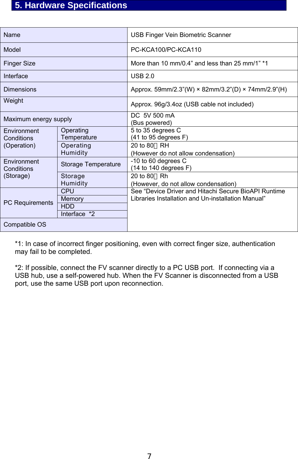  7  5. Hardware Specifications   Name  USB Finger Vein Biometric Scanner Model PC-KCA100/PC-KCA110 Finger Size More than 10 mm/0.4&rdquo; and less than 25 mm/1&rdquo; *1 Interface USB 2.0 Dimensions Approx. 59mm/2.3&rdquo;(W) &times; 82mm/3.2&rdquo;(D) &times; 74mm/2.9&rdquo;(H) Weight   Approx. 96g/3.4oz (USB cable not included) Maximum energy supply  DC  5V 500 mA  (Bus powered)  Environment Conditions  (Operation)  Operating Temperature 5 to 35 degrees C (41 to 95 degrees F) Operating Humidity 20 to 80％RH (However do not allow condensation) Environment Conditions  (Storage)  Storage Temperature  -10 to 60 degrees C (14 to 140 degrees F) Storage Humidity 20 to 80％Rh (However, do not allow condensation) PC Requirements CPU  See &ldquo;Device Driver and Hitachi Secure BioAPI Runtime Libraries Installation and Un-installation Manual&rdquo;     Memory HDD Interface  *2 Compatible OS  *1: In case of incorrect finger positioning, even with correct finger size, authentication may fail to be completed.   *2: If possible, connect the FV scanner directly to a PC USB port.  If connecting via a USB hub, use a self-powered hub. When the FV Scanner is disconnected from a USB port, use the same USB port upon reconnection. 