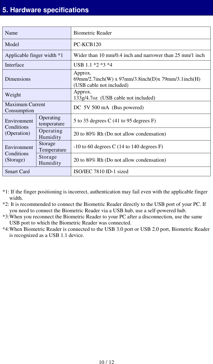  10 / 12  5. Hardware specifications    *1: If the finger positioning is incorrect, authentication may fail even with the applicable finger width.  *2: It is recommended to connect the Biometric Reader directly to the USB port of your PC. If you need to connect the Biometric Reader via a USB hub, use a self-powered hub.  *3:When you reconnect the Biometric Reader to your PC after a disconnection, use the same USB port to which the Biometric Reader was connected. *4:When Biometric Reader is connected to the USB 3.0 port or USB 2.0 port, Biometric Reader is recognized as a USB 1.1 device.            6. Troubleshooting Name Biometric Reader Model PC-KCB120 Applicable finger width *1 Wider than 10 mm/0.4 inch and narrower than 25 mm/1 inch  Interface USB 1.1 *2 *3 *4 Dimensions Approx.  69mm/2.7inch(W) x 97mm/3.8inch(D)x 79mm/3.1inch(H) (USB cable not included) Weight  Approx.  133g/4.7oz  (USB cable not included) Maximum Current Consumption DC  5V 500 mA  (Bus powered)  Environment Conditions  (Operation) Operating temperature 5 to 35 degrees C (41 to 95 degrees F) Operating Humidity 20 to 80% Rh (Do not allow condensation) Environment Conditions  (Storage) Storage Temperature -10 to 60 degrees C (14 to 140 degrees F) Storage Humidity 20 to 80% Rh (Do not allow condensation) Smart Card ISO/IEC 7810 ID-1 sized 