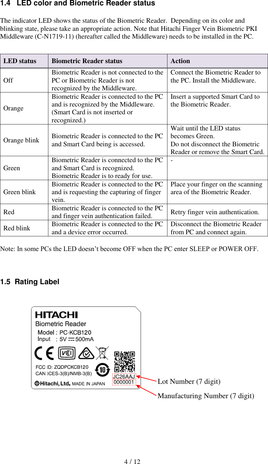  4 / 12 1.4   LED color and Biometric Reader status  The indicator LED shows the status of the Biometric Reader.  Depending on its color and blinking state, please take an appropriate action. Note that Hitachi Finger Vein Biometric PKI Middleware (C-N1719-11) (hereafter called the Middleware) needs to be installed in the PC.   Note: In some PCs the LED doesn&rsquo;t become OFF when the PC enter SLEEP or POWER OFF.    1.5  Rating Label              2. Installation of the Biometric Reader LED status Biometric Reader status Action Off Biometric Reader is not connected to the PC or Biometric Reader is not recognized by the Middleware. Connect the Biometric Reader to the PC. Install the Middleware. Orange Biometric Reader is connected to the PC and is recognized by the Middleware. (Smart Card is not inserted or recognized.) Insert a supported Smart Card to the Biometric Reader. Orange blink Biometric Reader is connected to the PC and Smart Card being is accessed. Wait until the LED status becomes Green.  Do not disconnect the Biometric Reader or remove the Smart Card. Green Biometric Reader is connected to the PC and Smart Card is recognized. Biometric Reader is to ready for use. - Green blink Biometric Reader is connected to the PC and is requesting the capturing of finger vein. Place your finger on the scanning area of the Biometric Reader. Red Biometric Reader is connected to the PC and finger vein authentication failed. Retry finger vein authentication. Red blink Biometric Reader is connected to the PC and a device error occurred. Disconnect the Biometric Reader from PC and connect again. Lot Number (7 digit) Manufacturing Number (7 digit) JC26AAJ 0000001 