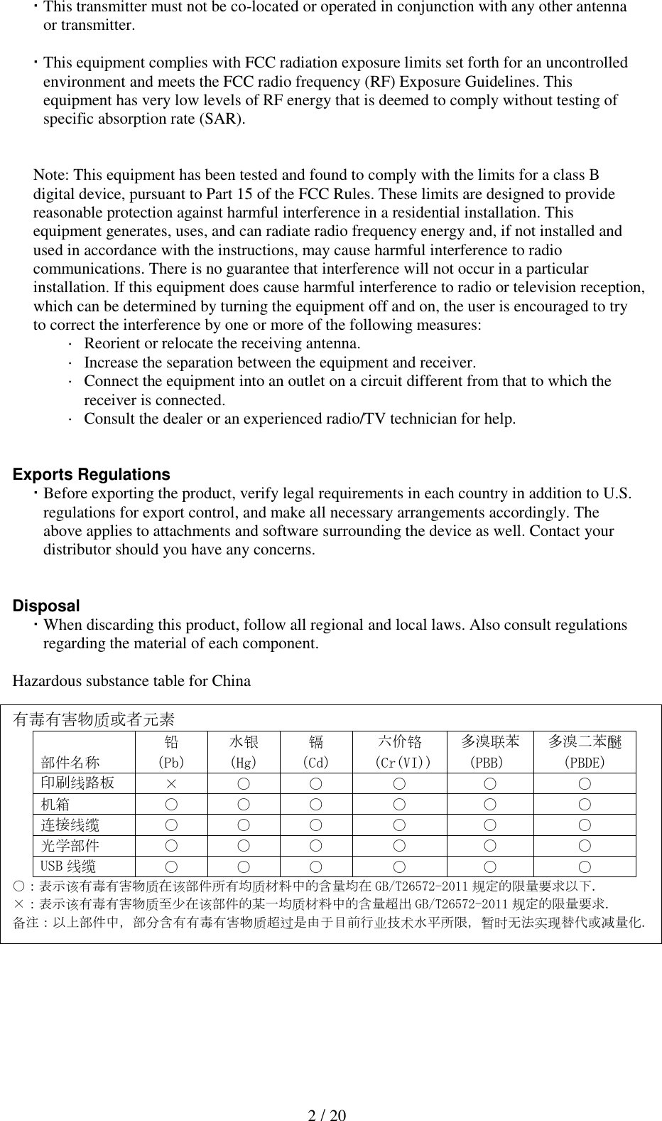   2 / 20  This transmitter must not be co-located or operated in conjunction with any other antenna or transmitter.   This equipment complies with FCC radiation exposure limits set forth for an uncontrolled environment and meets the FCC radio frequency (RF) Exposure Guidelines. This equipment has very low levels of RF energy that is deemed to comply without testing of specific absorption rate (SAR).   Note: This equipment has been tested and found to comply with the limits for a class B digital device, pursuant to Part 15 of the FCC Rules. These limits are designed to provide reasonable protection against harmful interference in a residential installation. This equipment generates, uses, and can radiate radio frequency energy and, if not installed and used in accordance with the instructions, may cause harmful interference to radio communications. There is no guarantee that interference will not occur in a particular installation. If this equipment does cause harmful interference to radio or television reception, which can be determined by turning the equipment off and on, the user is encouraged to try to correct the interference by one or more of the following measures:   Reorient or relocate the receiving antenna.   Increase the separation between the equipment and receiver.   Connect the equipment into an outlet on a circuit different from that to which the receiver is connected.  Consult the dealer or an experienced radio/TV technician for help.   Exports Regulations  Before exporting the product, verify legal requirements in each country in addition to U.S. regulations for export control, and make all necessary arrangements accordingly. The above applies to attachments and software surrounding the device as well. Contact your distributor should you have any concerns.   Disposal  When discarding this product, follow all regional and local laws. Also consult regulations regarding the material of each component.   Hazardous substance table for China  有毒有害物质或者元素 部件名称 铅 水银 镉 六价铬 多溴联苯 多溴二苯醚 （Pb） （Hg） （Cd） （Cr(VI)) (PBB） （PBDE） 印刷线路板 &times; ○ ○ ○ ○ ○ 机箱 ○ ○ ○ ○ ○ ○ 连接线缆 ○ ○ ○ ○ ○ ○ 光学部件 ○ ○ ○ ○ ○ ○ USB 线缆 ○ ○ ○ ○ ○ ○ ○：表示该有毒有害物质在该部件所有均质材料中的含量均在 GB/T26572-2011 规定的限量要求以下. &times;：表示该有毒有害物质至少在该部件的某一均质材料中的含量超出 GB/T26572-2011 规定的限量要求. 备注：以上部件中，部分含有有毒有害物质超过是由于目前行业技术水平所限，暂时无法实现替代或减量化.         