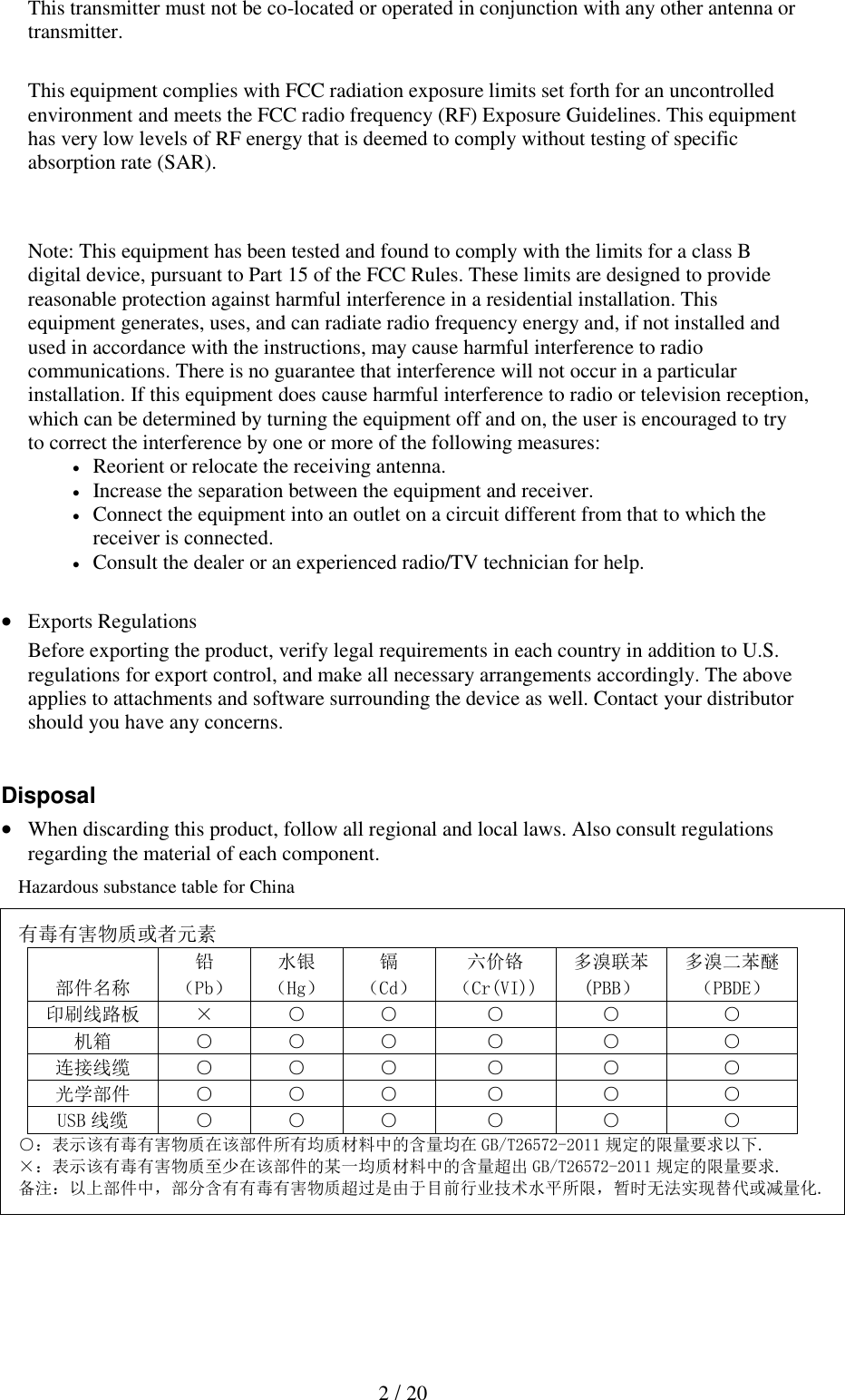 2 / 20  This transmitter must not be co-located or operated in conjunction with any other antenna or transmitter.  This equipment complies with FCC radiation exposure limits set forth for an uncontrolled environment and meets the FCC radio frequency (RF) Exposure Guidelines. This equipment has very low levels of RF energy that is deemed to comply without testing of specific absorption rate (SAR).   Note: This equipment has been tested and found to comply with the limits for a class B digital device, pursuant to Part 15 of the FCC Rules. These limits are designed to provide reasonable protection against harmful interference in a residential installation. This equipment generates, uses, and can radiate radio frequency energy and, if not installed and used in accordance with the instructions, may cause harmful interference to radio communications. There is no guarantee that interference will not occur in a particular installation. If this equipment does cause harmful interference to radio or television reception, which can be determined by turning the equipment off and on, the user is encouraged to try to correct the interference by one or more of the following measures:   Reorient or relocate the receiving antenna.   Increase the separation between the equipment and receiver.   Connect the equipment into an outlet on a circuit different from that to which the receiver is connected.  Consult the dealer or an experienced radio/TV technician for help.    Exports Regulations Before exporting the product, verify legal requirements in each country in addition to U.S. regulations for export control, and make all necessary arrangements accordingly. The above applies to attachments and software surrounding the device as well. Contact your distributor should you have any concerns.   Disposal  When discarding this product, follow all regional and local laws. Also consult regulations regarding the material of each component.   Hazardous substance table for China  有毒有害物质或者元素 部件名称 铅 水银 镉 六价铬 多溴联苯 多溴二苯醚 （Pb） （Hg） （Cd） （Cr(VI)) (PBB） （PBDE） 印刷线路板 &times; ○ ○ ○ ○ ○ 机箱 ○ ○ ○ ○ ○ ○ 连接线缆 ○ ○ ○ ○ ○ ○ 光学部件 ○ ○ ○ ○ ○ ○ USB 线缆 ○ ○ ○ ○ ○ ○ ○：表示该有毒有害物质在该部件所有均质材料中的含量均在 GB/T26572-2011 规定的限量要求以下. &times;：表示该有毒有害物质至少在该部件的某一均质材料中的含量超出 GB/T26572-2011 规定的限量要求. 备注：以上部件中，部分含有有毒有害物质超过是由于目前行业技术水平所限，暂时无法实现替代或减量化.          
