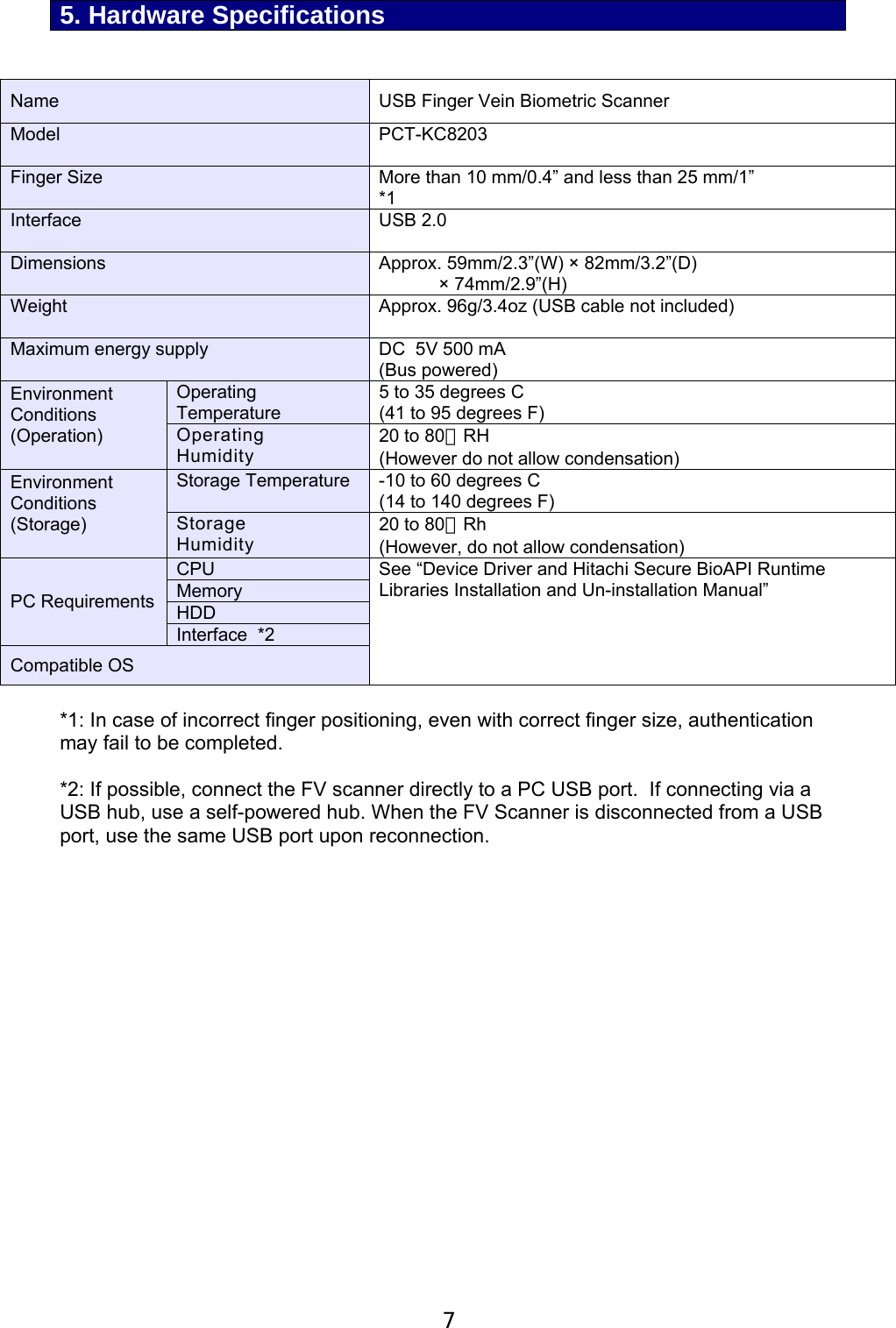  7  5. Hardware Specifications   Name  USB Finger Vein Biometric Scanner Model PCT-KC8203  Finger Size  More than 10 mm/0.4&rdquo; and less than 25 mm/1&rdquo; *1 Interface USB 2.0  Dimensions  Approx. 59mm/2.3&rdquo;(W) &times; 82mm/3.2&rdquo;(D)  &times; 74mm/2.9&rdquo;(H) Weight   Approx. 96g/3.4oz (USB cable not included) Maximum energy supply  DC  5V 500 mA  (Bus powered)  Environment Conditions  (Operation)  Operating Temperature 5 to 35 degrees C (41 to 95 degrees F) Operating Humidity 20 to 80％RH (However do not allow condensation) Environment Conditions  (Storage)  Storage Temperature  -10 to 60 degrees C (14 to 140 degrees F) Storage Humidity 20 to 80％Rh (However, do not allow condensation) PC Requirements CPU  See &ldquo;Device Driver and Hitachi Secure BioAPI Runtime Libraries Installation and Un-installation Manual&rdquo;     Memory HDD Interface  *2 Compatible OS  *1: In case of incorrect finger positioning, even with correct finger size, authentication may fail to be completed.   *2: If possible, connect the FV scanner directly to a PC USB port.  If connecting via a USB hub, use a self-powered hub. When the FV Scanner is disconnected from a USB port, use the same USB port upon reconnection. 