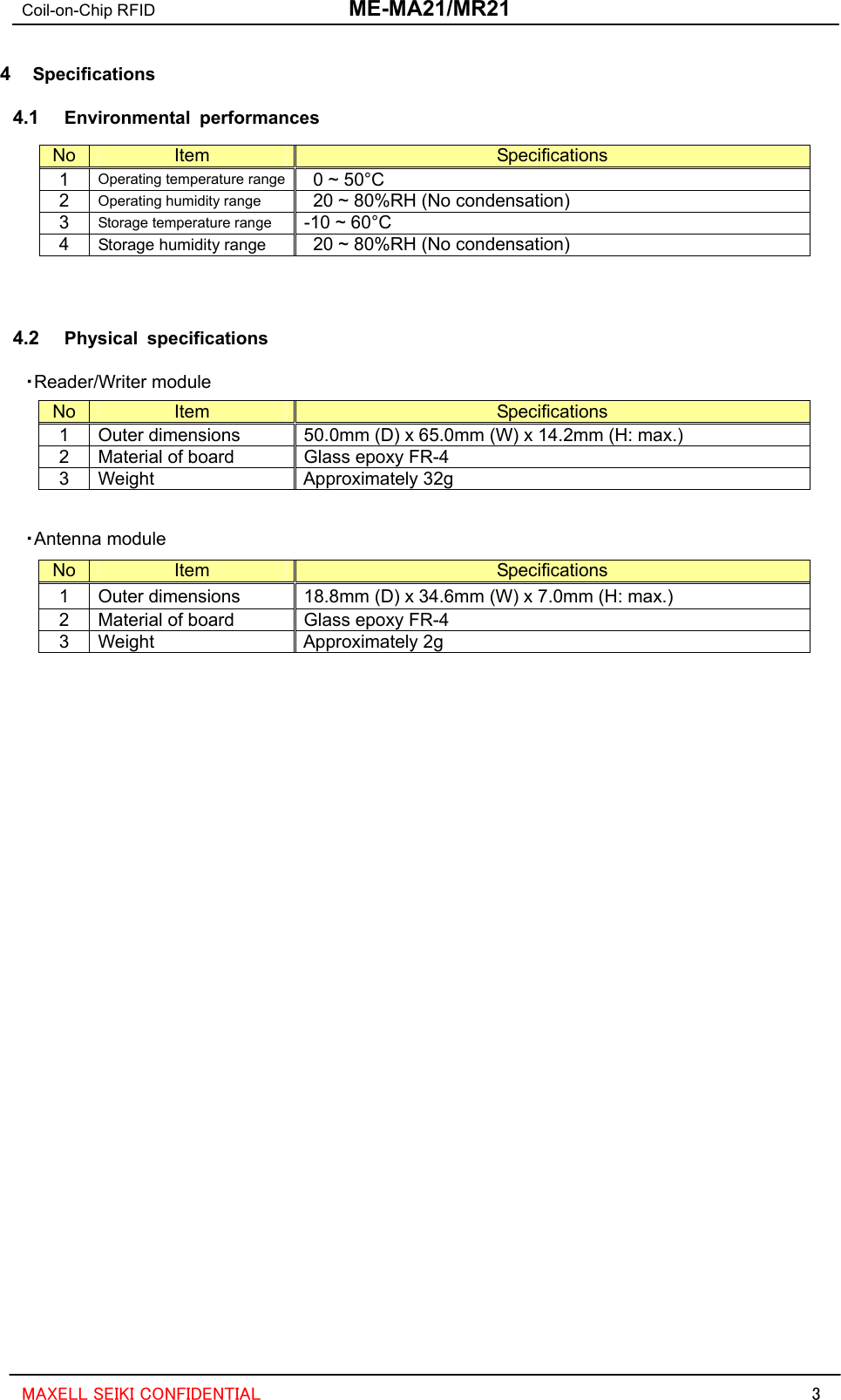 Coil-on-Chip RFID  ME-MA21/MR21  MAXELL SEIKI CONFIDENTIAL  3 4  Specifications 4.1  Environmental performances No  Item  Specifications 1  Operating temperature range    0 ~ 50°C 2  Operating humidity range    20 ~ 80%RH (No condensation) 3  Storage temperature range  -10 ~ 60°C 4  Storage humidity range    20 ~ 80%RH (No condensation)   4.2  Physical specifications  ・Reader/Writer module   ・Antenna module No  Item  Specifications 1  Outer dimensions  50.0mm (D) x 65.0mm (W) x 14.2mm (H: max.) 2  Material of board  Glass epoxy FR-4 3 Weight  Approximately 32g No  Item  Specifications 1  Outer dimensions  18.8mm (D) x 34.6mm (W) x 7.0mm (H: max.) 2  Material of board  Glass epoxy FR-4 3 Weight  Approximately 2g    