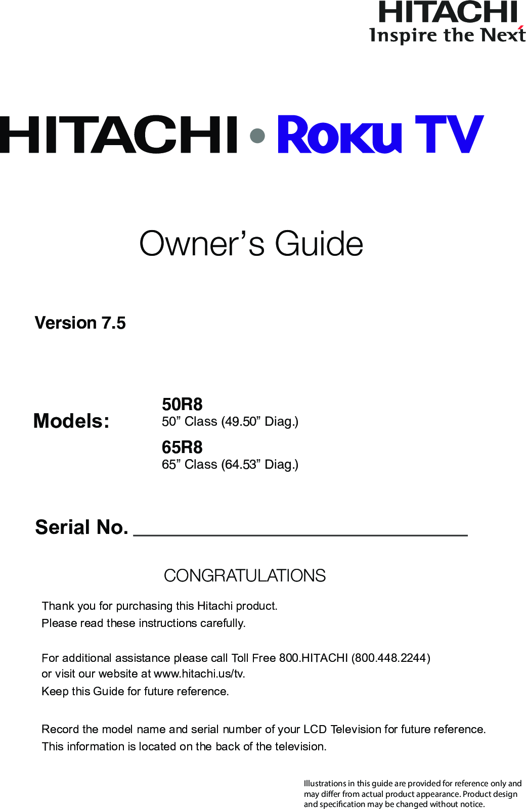 Hitachi Important Info 4K Roku TV 65R8 Owners Guide