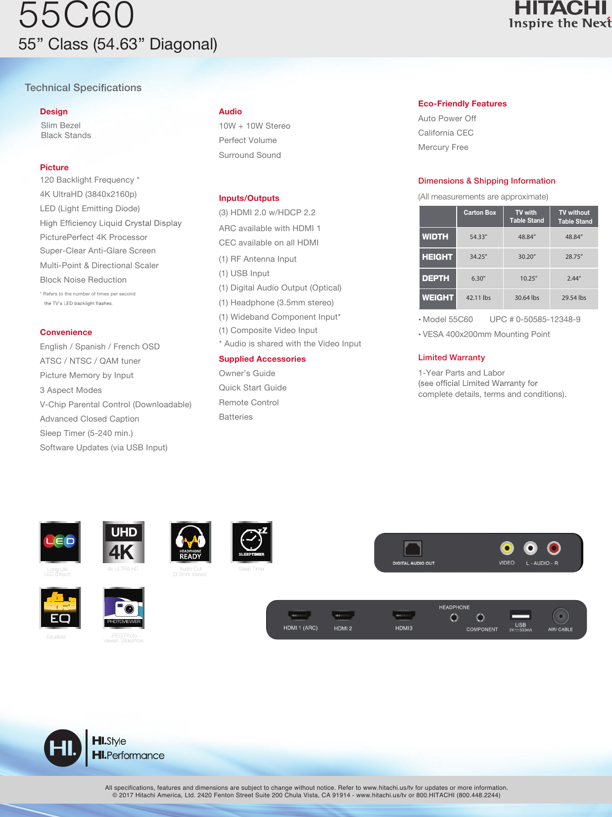 Page 2 of 2 - Hitachi 55C60_TV_ss Specification 55C60