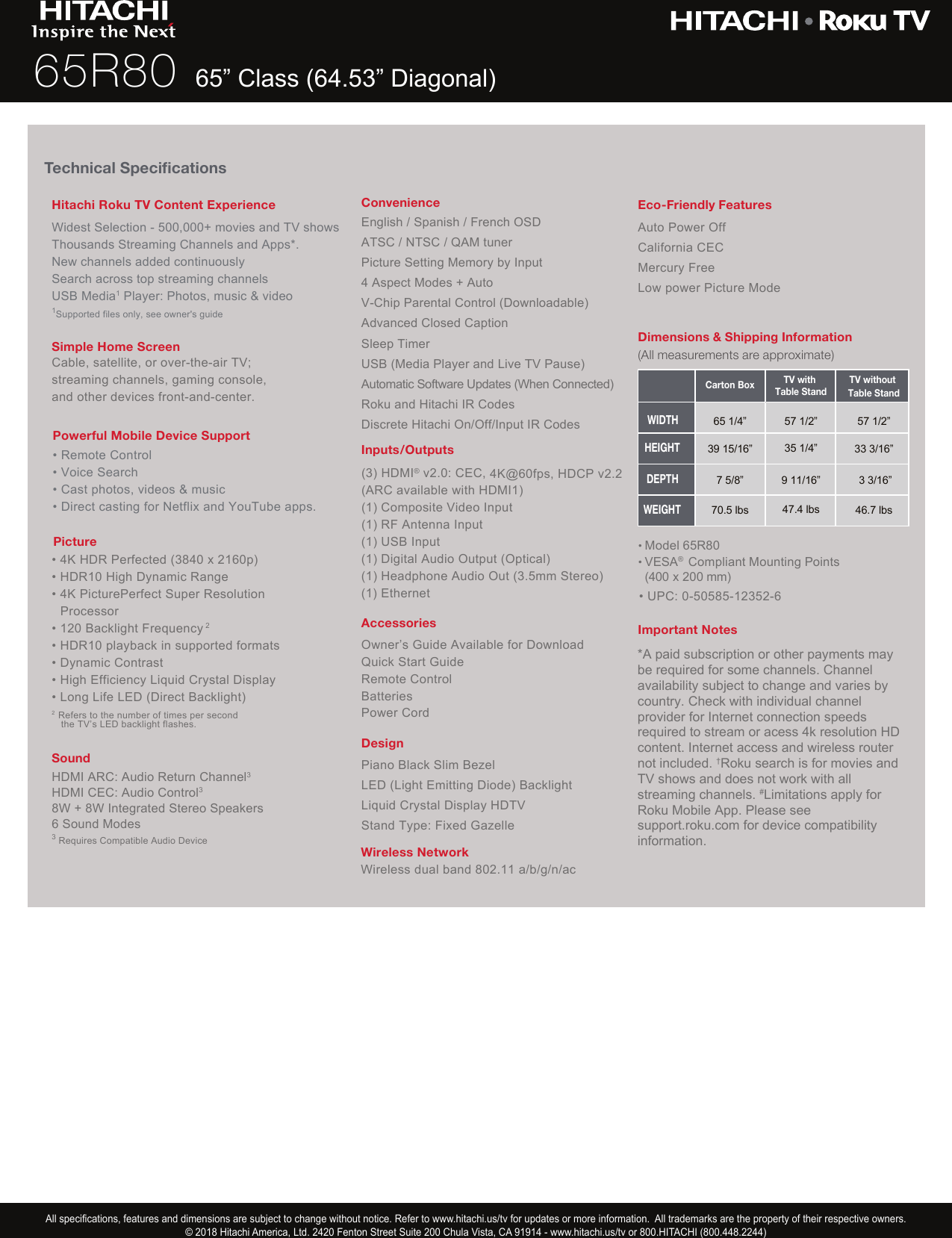 Hitachi 65R80_Hitachi_ss Specification 65R80