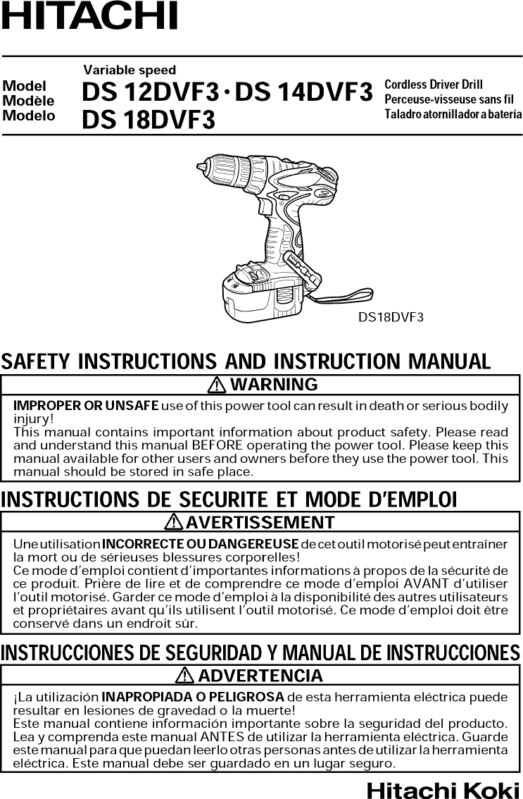 Hitachi DS18DVF3 1603253L User Manual DRILL CORDLESS Manuals And Guides