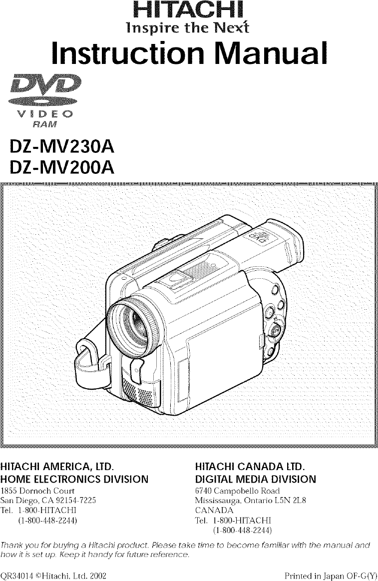 Hitachi DZ MV200A User Manual DIGITAL CAMCORDER Manuals And Guides L0607008