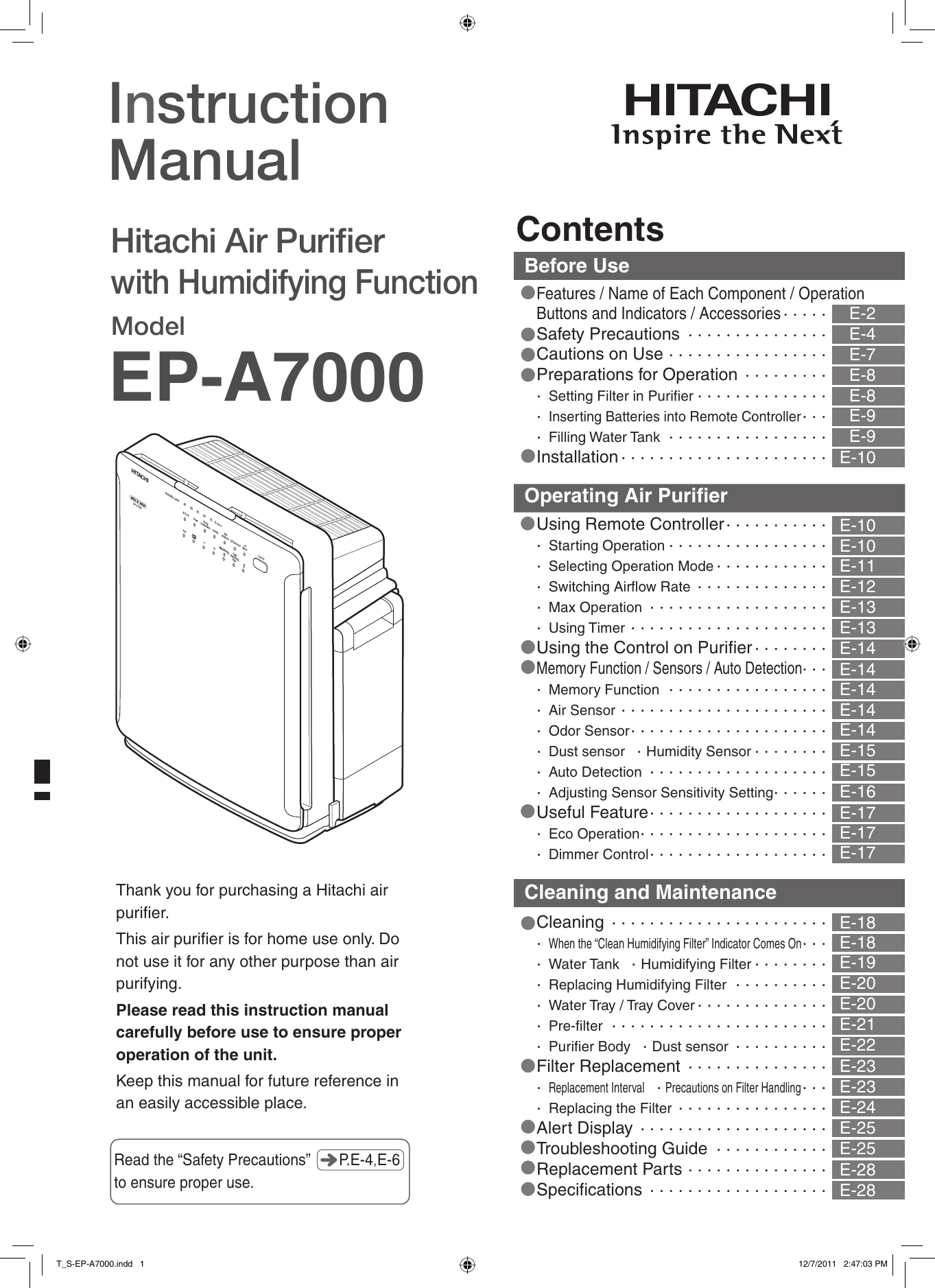 Hitachi Air Cleaner Ep 000 Users Manual
