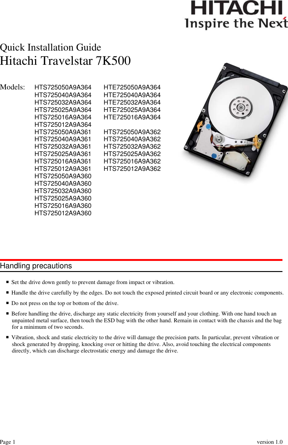 Page 1 of 5 - Hitachi Hitachi-Travelstar-0S03563-Users-Manual TS7K500_IG