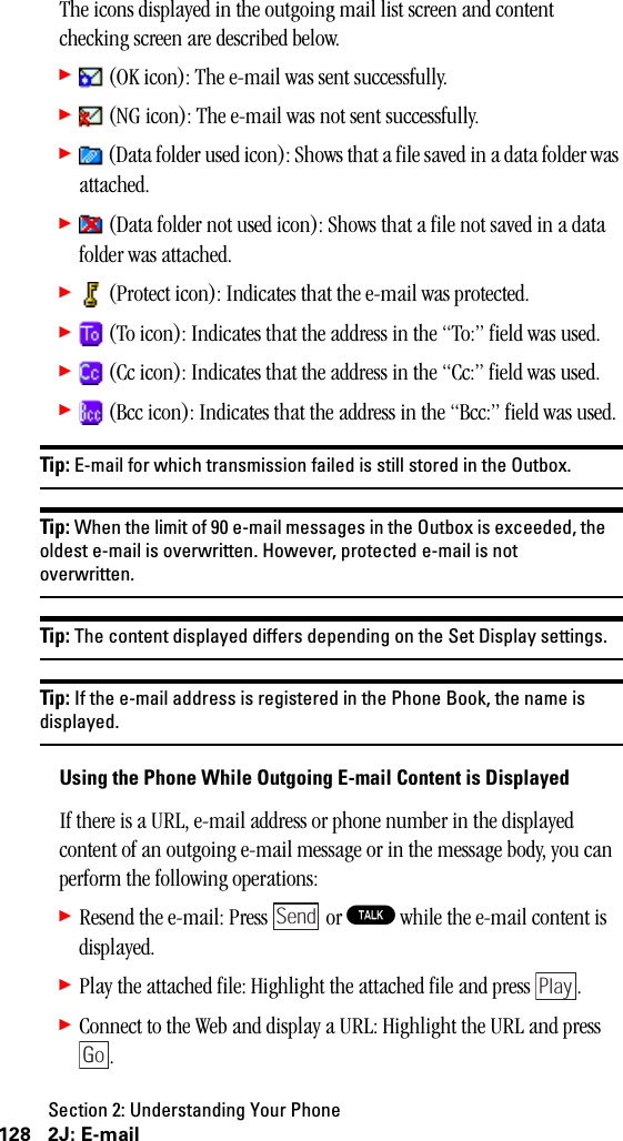 Section 2: Understanding Your Phone128 2J: E-mailThe icons displayed in the outgoing mail list screen and content checking screen are described below.䊳 (OK icon): The e-mail was sent successfully.䊳 (NG icon): The e-mail was not sent successfully.䊳 (Data folder used icon): Shows that a file saved in a data folder was attached.䊳 (Data folder not used icon): Shows that a file not saved in a data folder was attached.䊳 (Protect icon): Indicates that the e-mail was protected.䊳 (To icon): Indicates that the address in the “To:” field was used.䊳 (Cc icon): Indicates that the address in the “Cc:” field was used.䊳 (Bcc icon): Indicates that the address in the “Bcc:” field was used.Tip: E-mail for which transmission failed is still stored in the Outbox.Tip: When the limit of 90 e-mail messages in the Outbox is exceeded, theoldest e-mail is overwritten. However, protected e-mail is notoverwritten.Tip: The content displayed differs depending on the Set Display settings.Tip: If the e-mail address is registered in the Phone Book, the name isdisplayed.Using the Phone While Outgoing E-mail Content is DisplayedIf there is a URL, e-mail address or phone number in the displayed content of an outgoing e-mail message or in the message body, you can perform the following operations:䊳Resend the e-mail: Press   or T while the e-mail content is displayed.䊳Play the attached file: Highlight the attached file and press  .䊳Connect to the Web and display a URL: Highlight the URL and press .SendPlayGo