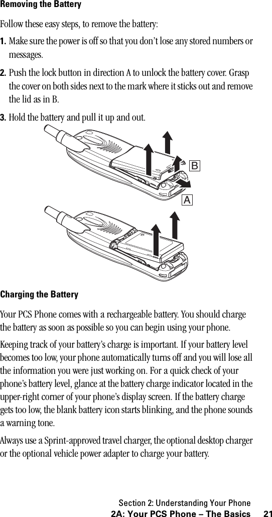 Section 2: Understanding Your Phone212A: Your PCS Phone – The BasicsRemoving the BatteryFollow these easy steps, to remove the battery:1. Make sure the power is off so that you don’t lose any stored numbers or messages.2. Push the lock button in direction A to unlock the battery cover. Grasp the cover on both sides next to the mark where it sticks out and remove the lid as in B.3. Hold the battery and pull it up and out.Charging the BatteryYour PCS Phone comes with a rechargeable battery. You should charge the battery as soon as possible so you can begin using your phone.Keeping track of your battery’s charge is important. If your battery level becomes too low, your phone automatically turns off and you will lose all the information you were just working on. For a quick check of your phone’s battery level, glance at the battery charge indicator located in the upper-right corner of your phone’s display screen. If the battery charge gets too low, the blank battery icon starts blinking, and the phone sounds a warning tone.Always use a Sprint-approved travel charger, the optional desktop charger or the optional vehicle power adapter to charge your battery.BA