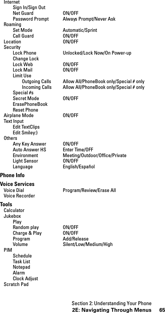 Section 2: Understanding Your Phone652E: Navigating Through MenusInternetSign In/Sign OutNet Guard ON/OFFPassword Prompt Always Prompt/Never AskRoamingSet Mode Automatic/SprintCall Guard ON/OFFLocation ON/OFFSecurityLock Phone Unlocked/Lock Now/On Power-upChange LockLock Web ON/OFFLock Mail ON/OFFLimit UseOutgoing Calls Allow All/PhoneBook only/Special # onlyIncoming Calls Allow All/PhoneBook only/Special # onlySpecial #sSecret Mode ON/OFFErasePhoneBookReset PhoneAirplane Mode ON/OFFText InputEdit TextClipsEdit Smiley:)OthersAny Key Answer ON/OFFAuto Answer HS Enter Time/OFFEnvironment Meeting/Outdoor/Office/PrivateLight Sensor ON/OFFLanguage English/EspañolPhone InfoVoice ServicesVoice Dial Program/Review/Erase AllVoice RecorderToolsCalculatorJukeboxPlayRandom play ON/OFFCharge &amp; Play ON/OFFProgram Add/ReleaseVolume Silent/Low/Medium/HighPIMScheduleTask ListNotepadAlarmClock AdjustScratch Pad