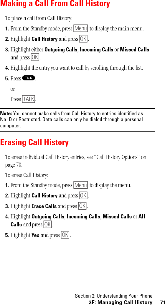 Section 2: Understanding Your Phone72 2F: Managing Call History