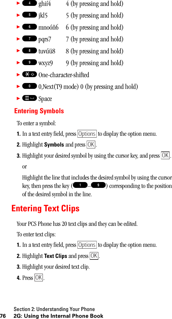 Section 2: Understanding Your Phone76 2G: Using the Internal Phone Book䊳4 ghií4 4 (by pressing and hold)䊳5 jkl5  5 (by pressing and hold)䊳6 mnoóñ6  6 (by pressing and hold)䊳7 pqrs7  7 (by pressing and hold)䊳8 tuvúü8  8 (by pressing and hold)䊳9 wxyz9  9 (by pressing and hold)䊳S One-character-shifted䊳0 0,Next(T9 mode) 0 (by pressing and hold)䊳s SpaceEntering SymbolsTo enter a symbol:1. In a text entry field, press   to display the option menu.2. Highlight Symbols and press  .3. Highlight your desired symbol by using the cursor key, and press  .orHighlight the line that includes the desired symbol by using the cursor key, then press the key (1–9) corresponding to the position of the desired symbol in the line.Entering Text ClipsYour PCS Phone has 20 text clips and they can be edited.To enter text clips:1. In a text entry field, press   to display the option menu.2. Highlight Text Clips and press  .3. Highlight your desired text clip.4. Press .OptionsOKOKOptionsOKOK