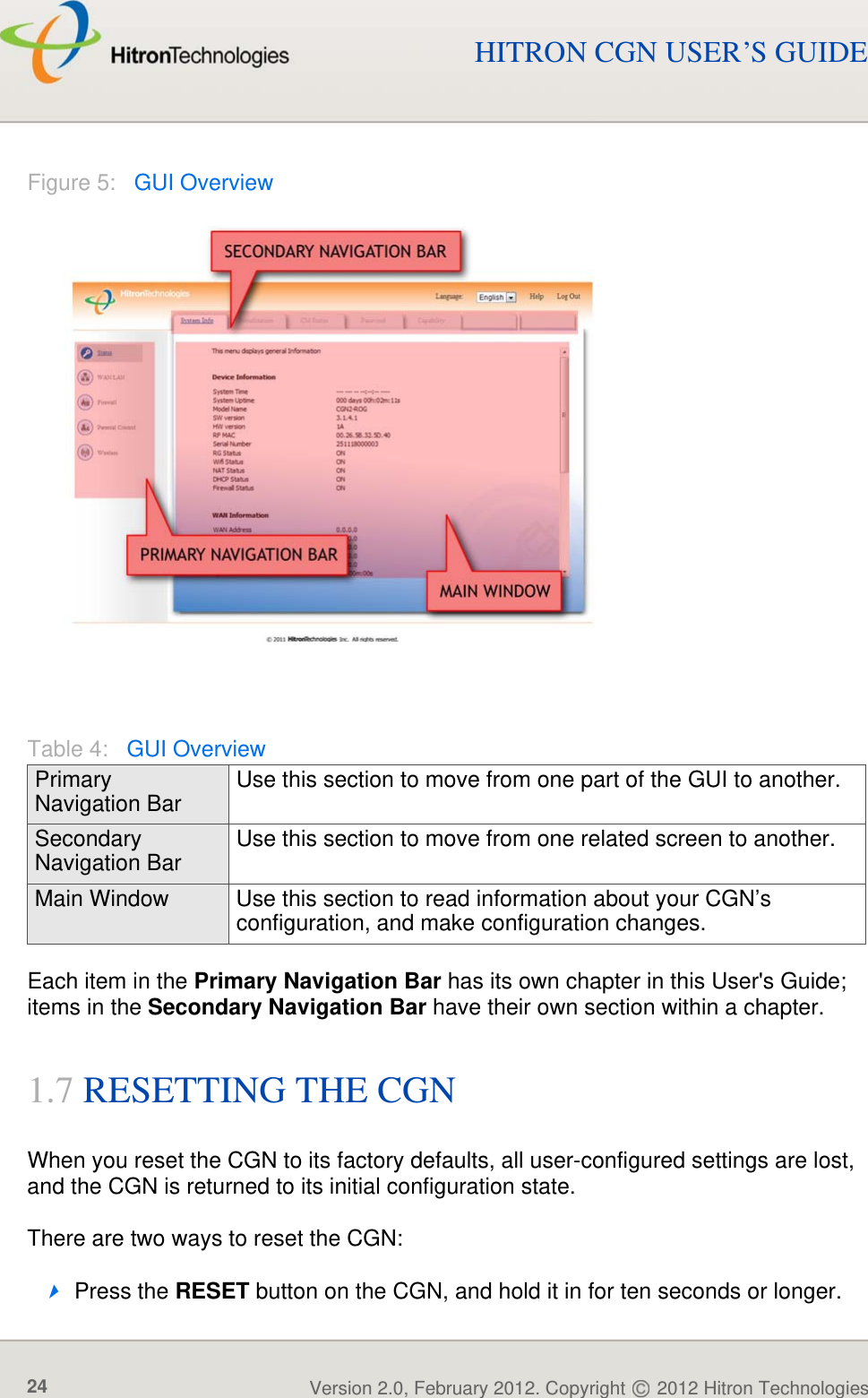 INTRODUCTIONVersion 2.0, February 2012. Copyright   2012 Hitron Technologies24Version 2.0, February 2012. Copyright   2012 Hitron Technologies24HITRON CGN USER’S GUIDEFigure 5:   GUI OverviewEach item in the Primary Navigation Bar has its own chapter in this User&apos;s Guide; items in the Secondary Navigation Bar have their own section within a chapter.1.7 RESETTING THE CGNWhen you reset the CGN to its factory defaults, all user-configured settings are lost, and the CGN is returned to its initial configuration state.There are two ways to reset the CGN:Press the RESET button on the CGN, and hold it in for ten seconds or longer.Table 4:   GUI OverviewPrimary Navigation BarUse this section to move from one part of the GUI to another.Secondary Navigation BarUse this section to move from one related screen to another.Main Window Use this section to read information about your CGN’s configuration, and make configuration changes.