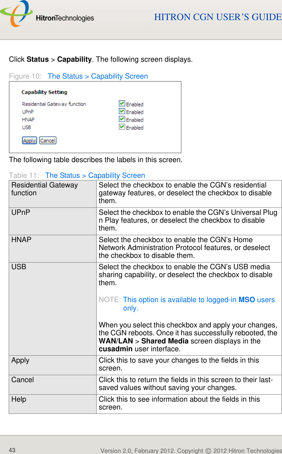 STATUSVersion 2.0, February 2012. Copyright   2012 Hitron Technologies43Version 2.0, February 2012. Copyright   2012 Hitron Technologies43HITRON CGN USER’S GUIDEClick Status &gt; Capability. The following screen displays.Figure 10:   The Status &gt; Capability ScreenThe following table describes the labels in this screen.Table 11:   The Status &gt; Capability ScreenResidential Gateway functionSelect the checkbox to enable the CGN’s residential gateway features, or deselect the checkbox to disable them.UPnP Select the checkbox to enable the CGN’s Universal Plug n Play features, or deselect the checkbox to disable them.HNAP Select the checkbox to enable the CGN’s Home Network Administration Protocol features, or deselect the checkbox to disable them.USB Select the checkbox to enable the CGN’s USB media sharing capability, or deselect the checkbox to disable them.NOTE: This option is available to logged-in MSO users only.When you select this checkbox and apply your changes, the CGN reboots. Once it has successfully rebooted, the WAN/LAN &gt; Shared Media screen displays in the cusadmin user interface.Apply Click this to save your changes to the fields in this screen.Cancel Click this to return the fields in this screen to their last-saved values without saving your changes.Help Click this to see information about the fields in this screen.