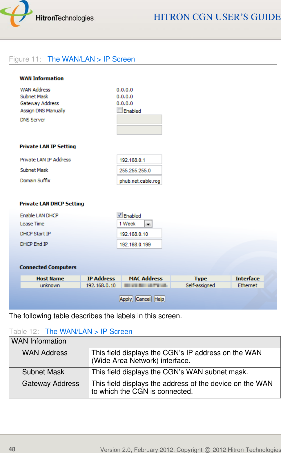 WAN/LANVersion 2.0, February 2012. Copyright   2012 Hitron Technologies48Version 2.0, February 2012. Copyright   2012 Hitron Technologies48HITRON CGN USER’S GUIDEFigure 11:   The WAN/LAN &gt; IP ScreenThe following table describes the labels in this screen.Table 12:   The WAN/LAN &gt; IP ScreenWAN InformationWAN Address This field displays the CGN’s IP address on the WAN (Wide Area Network) interface.Subnet Mask This field displays the CGN’s WAN subnet mask.Gateway Address This field displays the address of the device on the WAN to which the CGN is connected.