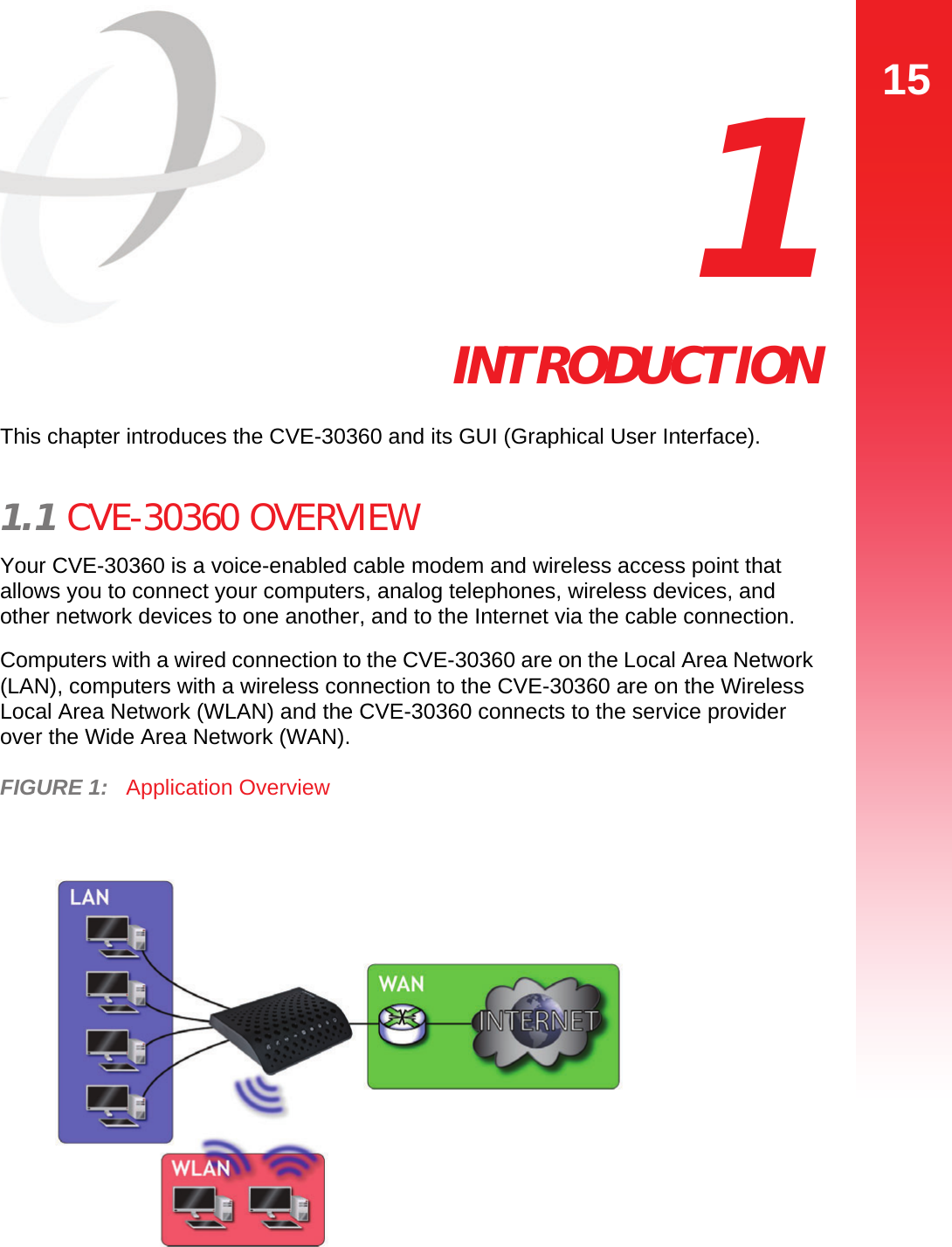 15INTRODUCTION  1 INTRODUCTIONThis chapter introduces the CVE-30360 and its GUI (Graphical User Interface).1.1 CVE-30360 OVERVIEWYour CVE-30360 is a voice-enabled cable modem and wireless access point that allows you to connect your computers, analog telephones, wireless devices, and other network devices to one another, and to the Internet via the cable connection.Computers with a wired connection to the CVE-30360 are on the Local Area Network (LAN), computers with a wireless connection to the CVE-30360 are on the Wireless Local Area Network (WLAN) and the CVE-30360 connects to the service provider over the Wide Area Network (WAN).FIGURE 1:   Application Overview