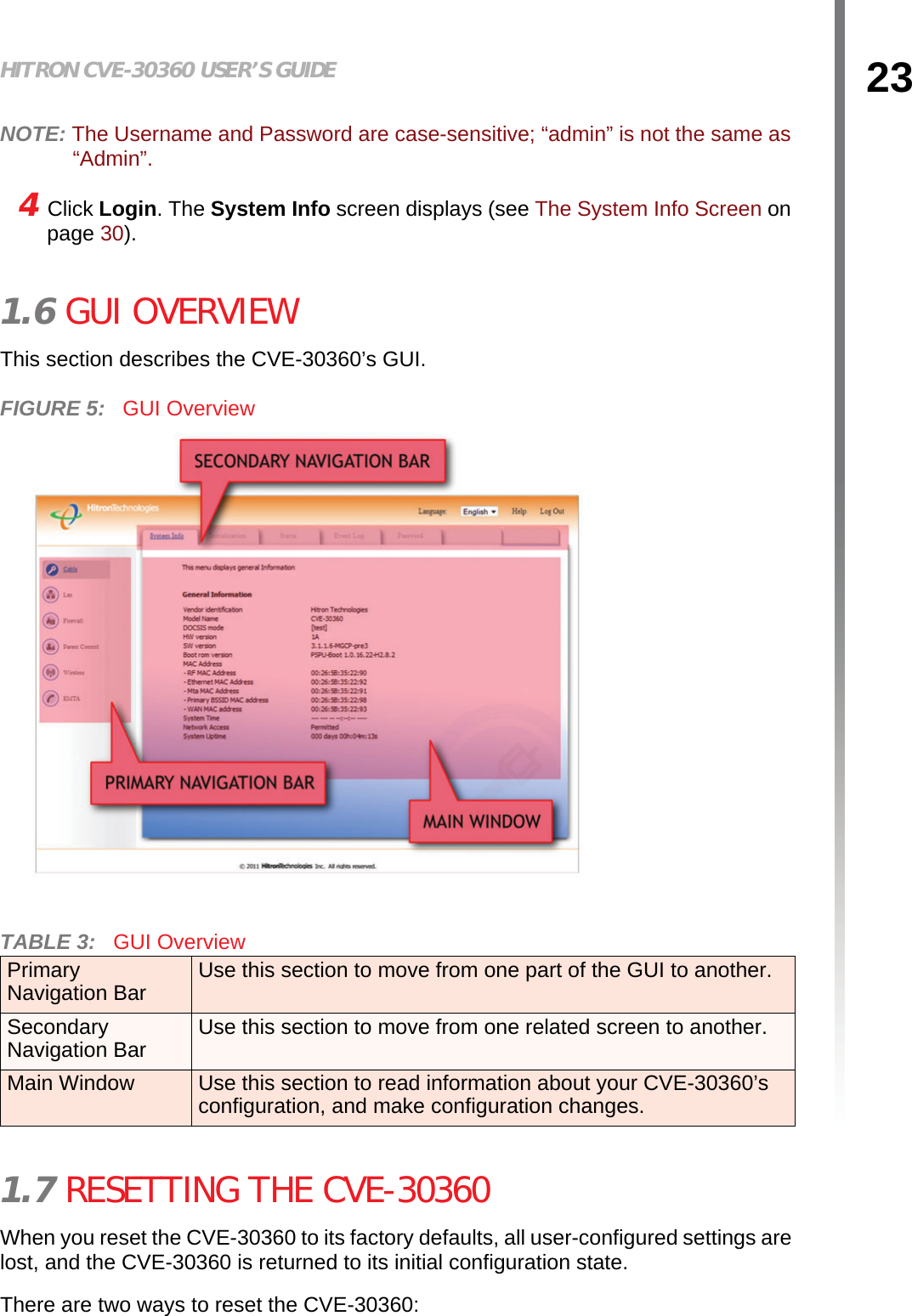 23HITRON CVE-30360 USER’S GUIDEINTRODUCTIONNOTE: The Username and Password are case-sensitive; “admin” is not the same as “Admin”.4 Click Login. The System Info screen displays (see The System Info Screen on page 30).1.6 GUI OVERVIEWThis section describes the CVE-30360’s GUI.FIGURE 5:   GUI Overview1.7 RESETTING THE CVE-30360When you reset the CVE-30360 to its factory defaults, all user-configured settings are lost, and the CVE-30360 is returned to its initial configuration state.There are two ways to reset the CVE-30360:TABLE 3:   GUI OverviewPrimary Navigation Bar Use this section to move from one part of the GUI to another.Secondary Navigation Bar Use this section to move from one related screen to another.Main Window Use this section to read information about your CVE-30360’s configuration, and make configuration changes.