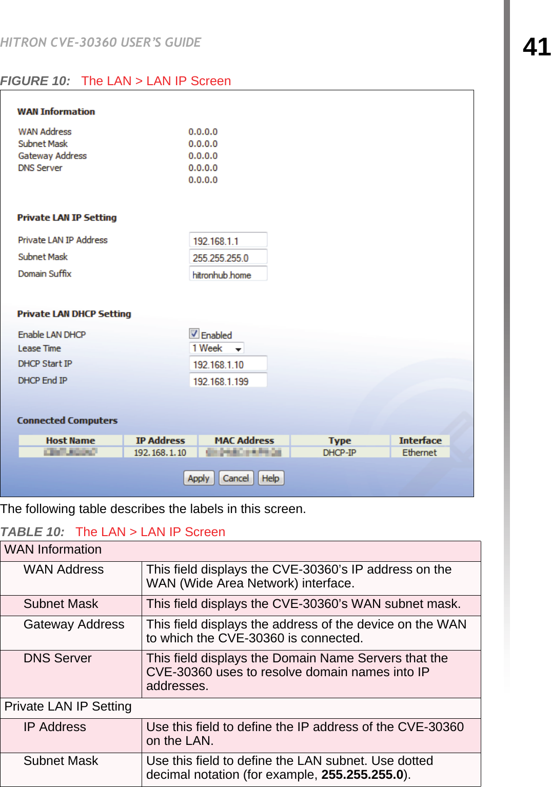 41HITRON CVE-30360 USER’S GUIDELANFIGURE 10:   The LAN &gt; LAN IP ScreenThe following table describes the labels in this screen.TABLE 10:   The LAN &gt; LAN IP Screen WAN InformationWAN Address This field displays the CVE-30360’s IP address on the WAN (Wide Area Network) interface.Subnet Mask This field displays the CVE-30360’s WAN subnet mask.Gateway Address This field displays the address of the device on the WAN to which the CVE-30360 is connected.DNS Server This field displays the Domain Name Servers that the CVE-30360 uses to resolve domain names into IP addresses.Private LAN IP SettingIP Address Use this field to define the IP address of the CVE-30360 on the LAN.Subnet Mask Use this field to define the LAN subnet. Use dotted decimal notation (for example, 255.255.255.0).