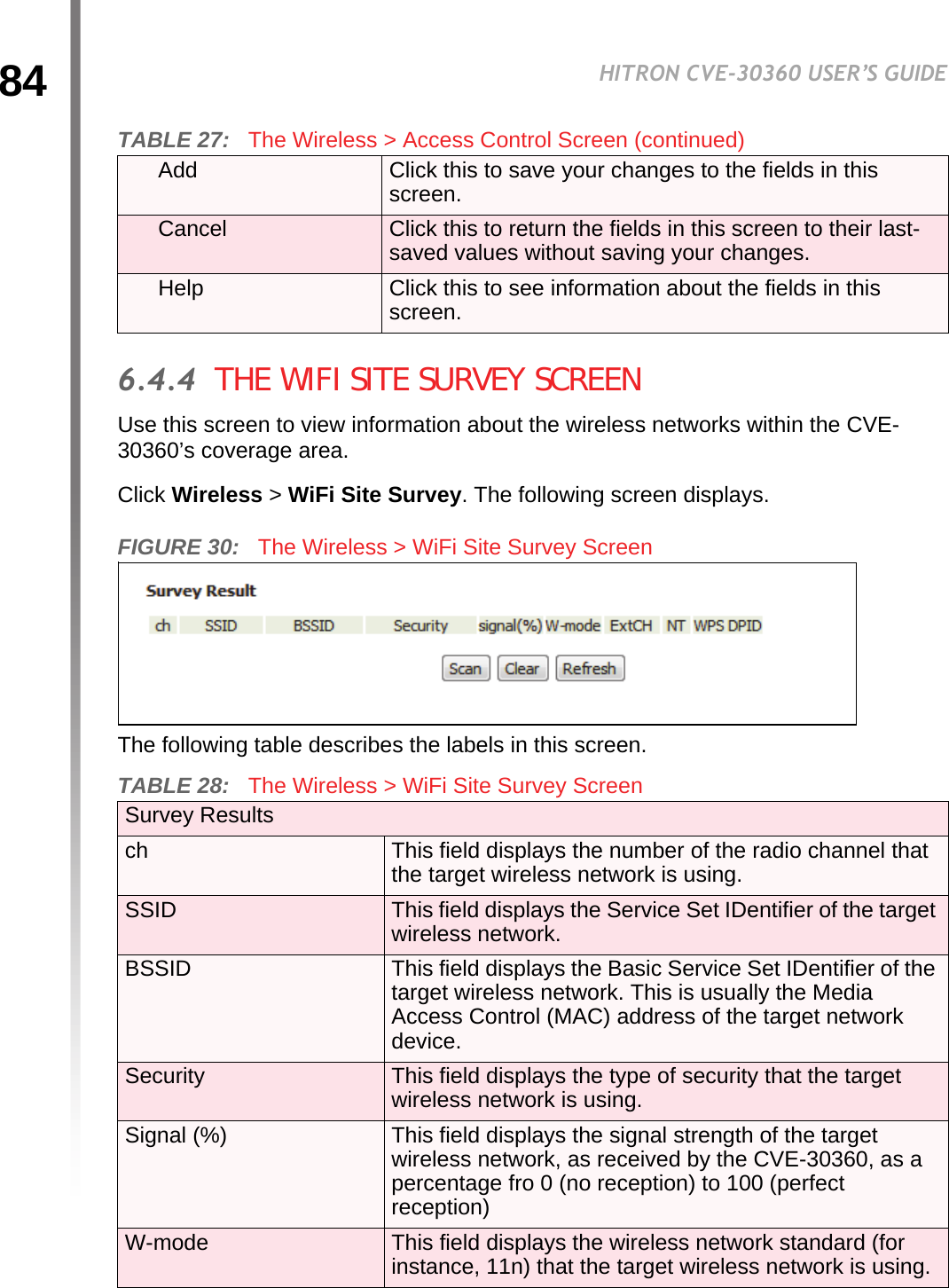 84HITRON CVE-30360 USER’S GUIDEWIRELESS6.4.4  THE WIFI SITE SURVEY SCREENUse this screen to view information about the wireless networks within the CVE-30360’s coverage area.Click Wireless &gt; WiFi Site Survey. The following screen displays.FIGURE 30:   The Wireless &gt; WiFi Site Survey ScreenThe following table describes the labels in this screen.Add Click this to save your changes to the fields in this screen.Cancel Click this to return the fields in this screen to their last-saved values without saving your changes.Help Click this to see information about the fields in this screen.TABLE 28:   The Wireless &gt; WiFi Site Survey Screen Survey Resultsch This field displays the number of the radio channel that the target wireless network is using.SSID This field displays the Service Set IDentifier of the target wireless network.BSSID This field displays the Basic Service Set IDentifier of the target wireless network. This is usually the Media Access Control (MAC) address of the target network device.Security This field displays the type of security that the target wireless network is using.Signal (%) This field displays the signal strength of the target wireless network, as received by the CVE-30360, as a percentage fro 0 (no reception) to 100 (perfect reception)W-mode This field displays the wireless network standard (for instance, 11n) that the target wireless network is using.TABLE 27:   The Wireless &gt; Access Control Screen (continued)