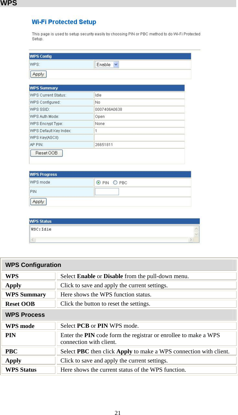   21WPS  WPS Configuration WPS  Select Enable or Disable from the pull-down menu. Apply  Click to save and apply the current settings. WPS Summary  Here shows the WPS function status. Reset OOB  Click the button to reset the settings. WPS Process WPS mode  Select PCB or PIN WPS mode. PIN  Enter the PIN code form the registrar or enrollee to make a WPS connection with client. PBC  Select PBC then click Apply to make a WPS connection with client. Apply  Click to save and apply the current settings. WPS Status   Here shows the current status of the WPS function.  