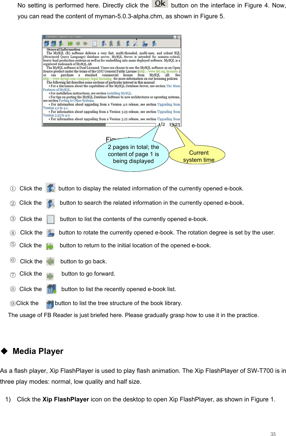                                                                                                                         35 No setting is performed here. Directly click the    button on the interface in Figure 4. Now, you can read the content of myman-5.0.3-alpha.chm, as shown in Figure 5. Figure 1①②③④⑤⑥⑦⑧⑨The usage of FB Reader is just briefed here. Please gradually grasp how to use it in the practice.2 pages in total; the content of page 1 is being displayedCurrent system timeClick the  button to display the related information of the currently opened e-book.Click the  button to search the related information in the currently opened e-book.Click the  button to list the contents of the currently opened e-book.Click the  button to rotate the currently opened e-book. The rotation degree is set by the user.Click the  button to return to the initial location of the opened e-book.Click the  button to go back.Click the  button to go forward.Click the  button to list the recently opened e-book list.Click the  button to list the tree structure of the book library.  ◆ Media Player As a flash player, Xip FlashPlayer is used to play flash animation. The Xip FlashPlayer of SW-T700 is in three play modes: normal, low quality and half size. 1) Click the Xip FlashPlayer icon on the desktop to open Xip FlashPlayer, as shown in Figure 1. 