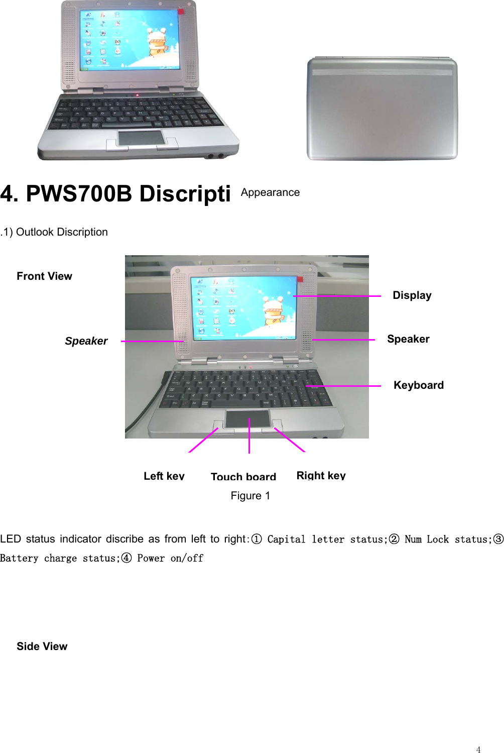                                                                                                                         4              4. PWS700B Discription .1) Outlook Discription Front View                                               Figure 1 LED status indicator discribe as from left to right:① Capital letter status;② Num Lock status;③ Battery charge status;④ Power on/off   Side View Display Speaker Keyboard Speaker Left key Touch boardRight keyAppearance
