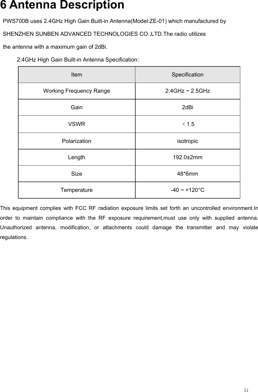                                                                                                                         51 6 Antenna Description PWS700B uses 2.4GHz High Gain Built-in Antenna(Model:ZE-01) which manufactured by   SHENZHEN SUNBEN ADVANCED TECHNOLOGIES CO.,LTD.The radio utilizes   the antenna with a maximum gain of 2dBi. 2.4GHz High Gain Built-in Antenna Specification: Item  Specification Working Frequency Range  2.4GHz ~ 2.5GHz Gain 2dBi VSWR  ﹤1.5 Polarization isotropic Length 192.0±2mm Size 48*6mm Temperature  -40 ~ +120°C This equipment complies with FCC RF radiation exposure limits set forth an uncontrolled environment.In order to maintain compliance with the RF exposure requirement,must use only with supplied antenna. Unauthorized antenna, modification, or attachments could damage the transmitter and may violate regulations. 