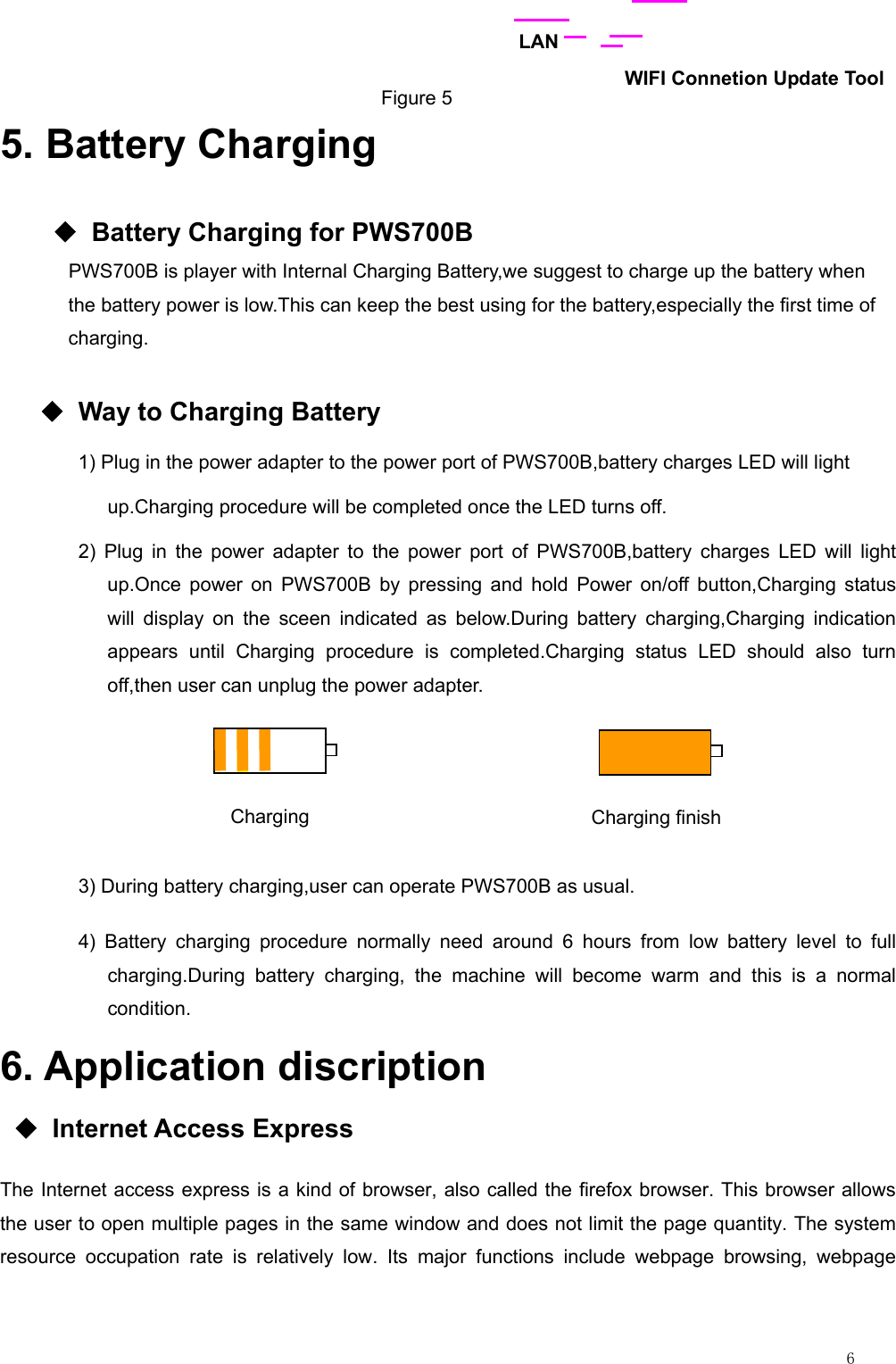                                                                                                                         6                                         Figure 5 5. Battery Charging      ◆  Battery Charging for PWS700B               PWS700B is player with Internal Charging Battery,we suggest to charge up the battery when   the battery power is low.This can keep the best using for the battery,especially the first time of   charging.      ◆ Way to Charging Battery 1) Plug in the power adapter to the power port of PWS700B,battery charges LED will light   up.Charging procedure will be completed once the LED turns off.         2) Plug in the power adapter to the power port of PWS700B,battery charges LED will light up.Once power on PWS700B by pressing and hold Power on/off button,Charging status will display on the sceen indicated as below.During battery charging,Charging indication appears until Charging procedure is completed.Charging status LED should also turn off,then user can unplug the power adapter.                       3) During battery charging,user can operate PWS700B as usual.         4) Battery charging procedure normally need around 6 hours from low battery level to full charging.During battery charging, the machine will become warm and this is a normal condition. 6. Application discription ◆ Internet Access Express The Internet access express is a kind of browser, also called the firefox browser. This browser allows the user to open multiple pages in the same window and does not limit the page quantity. The system resource occupation rate is relatively low. Its major functions include webpage browsing, webpage LANWIFI Connetion Update Tool Charging  Charging finish 