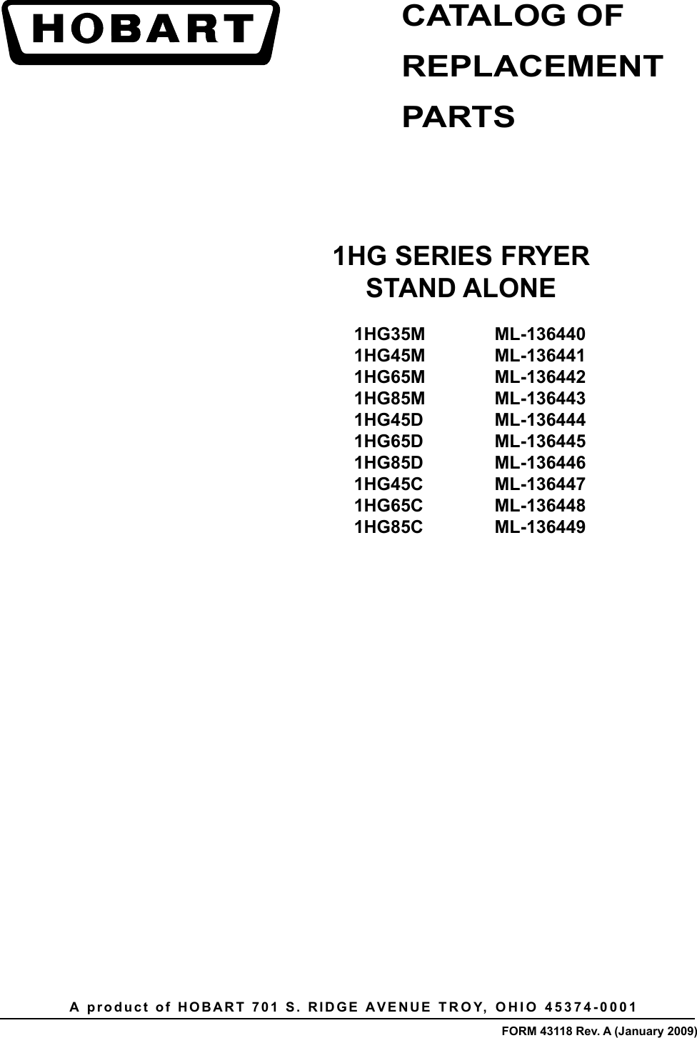 Hobart 1Hg Series Fryer Stand Alone 1Hg35M Ml 136440 Users Manual
