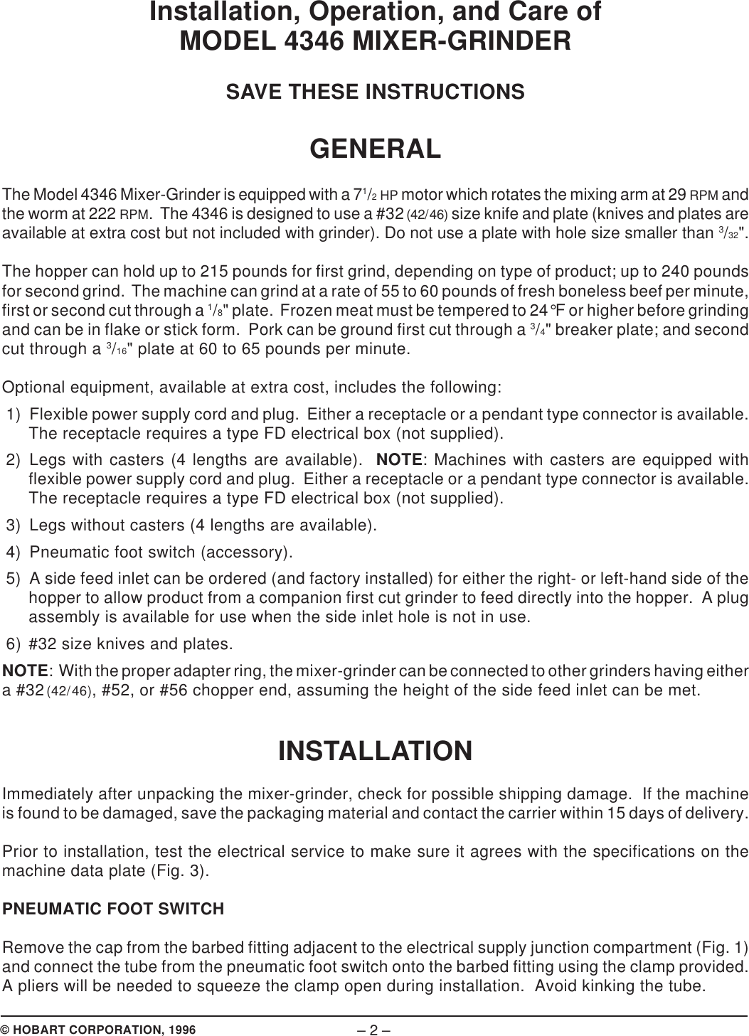 Page 2 of 8 - Hobart Hobart-4346-Users-Manual- F-33738 4346 Mixer-Grinder  Hobart-4346-users-manual