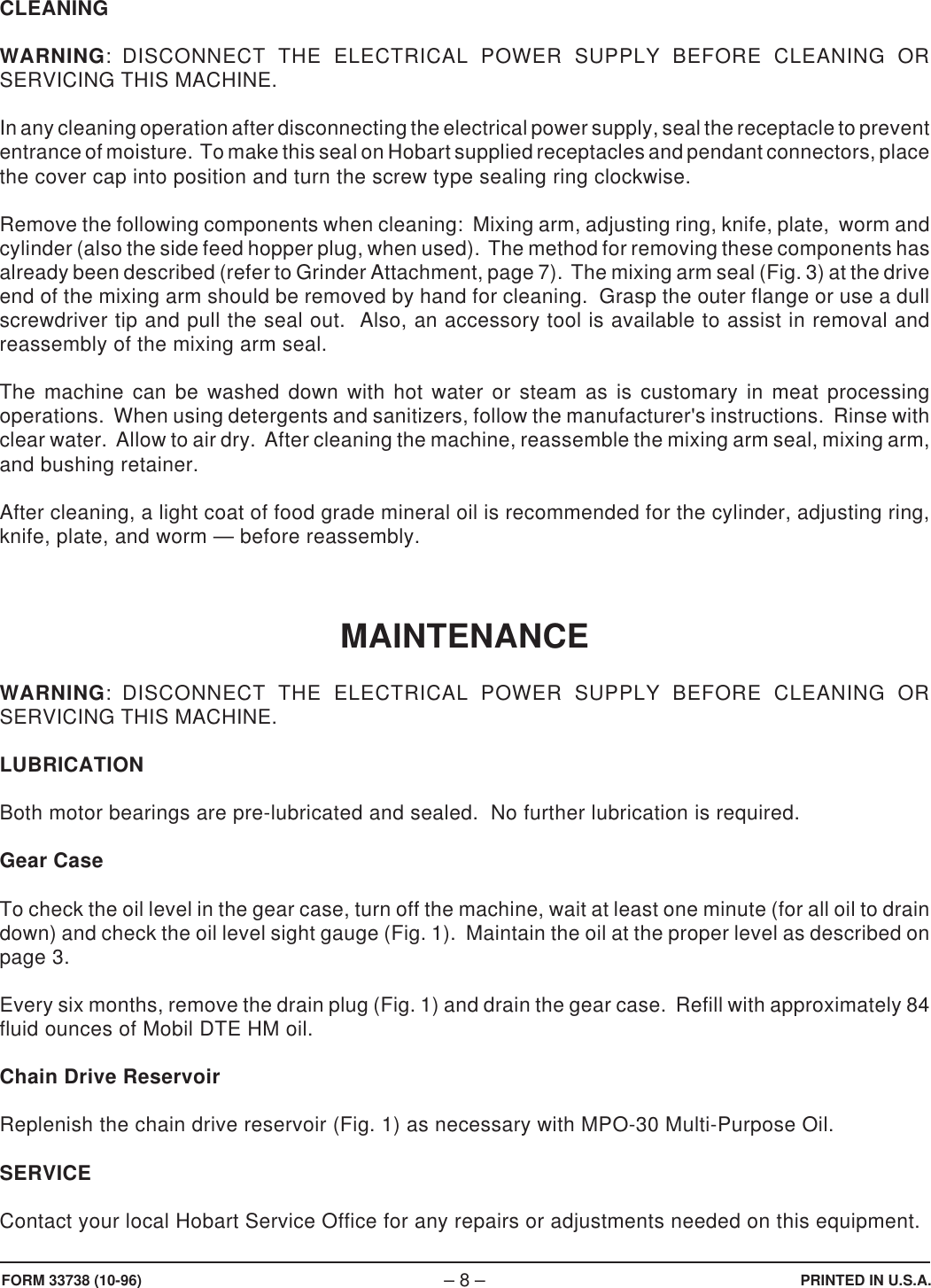 Page 8 of 8 - Hobart Hobart-4346-Users-Manual- F-33738 4346 Mixer-Grinder  Hobart-4346-users-manual